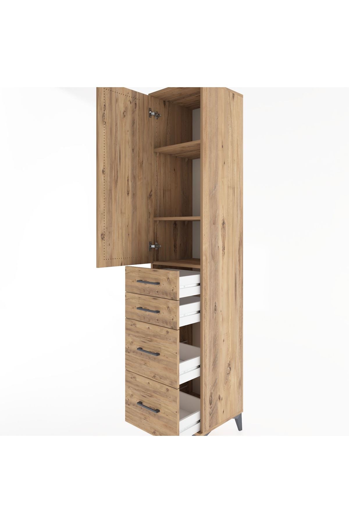 Hyperion Dolap 3 Raflı 4 Çekmeceli Tek Kapaklı 44x44x221 Çam-Çam