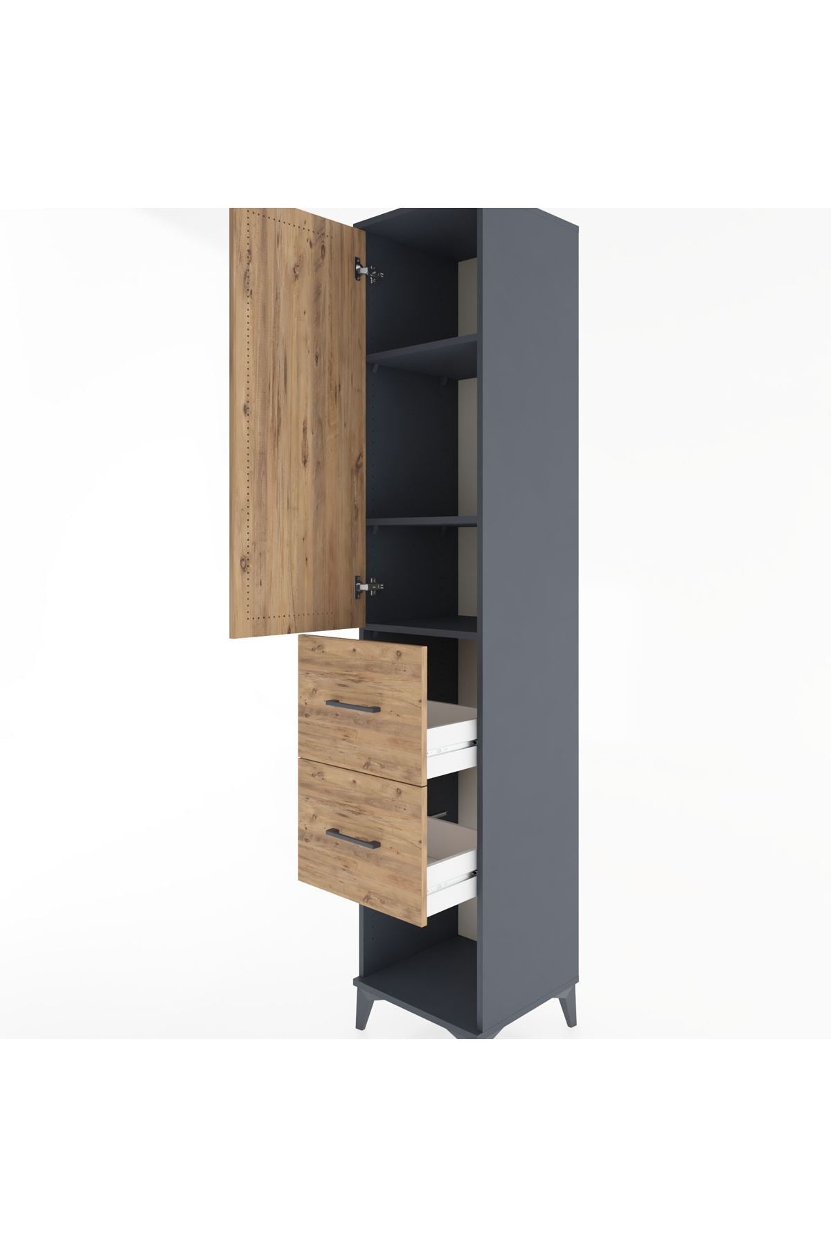 Hyperion Dolap 3 Raflı 2 Çekmeceli Tek Kapaklı 44x44x221 Antrasit-Çam