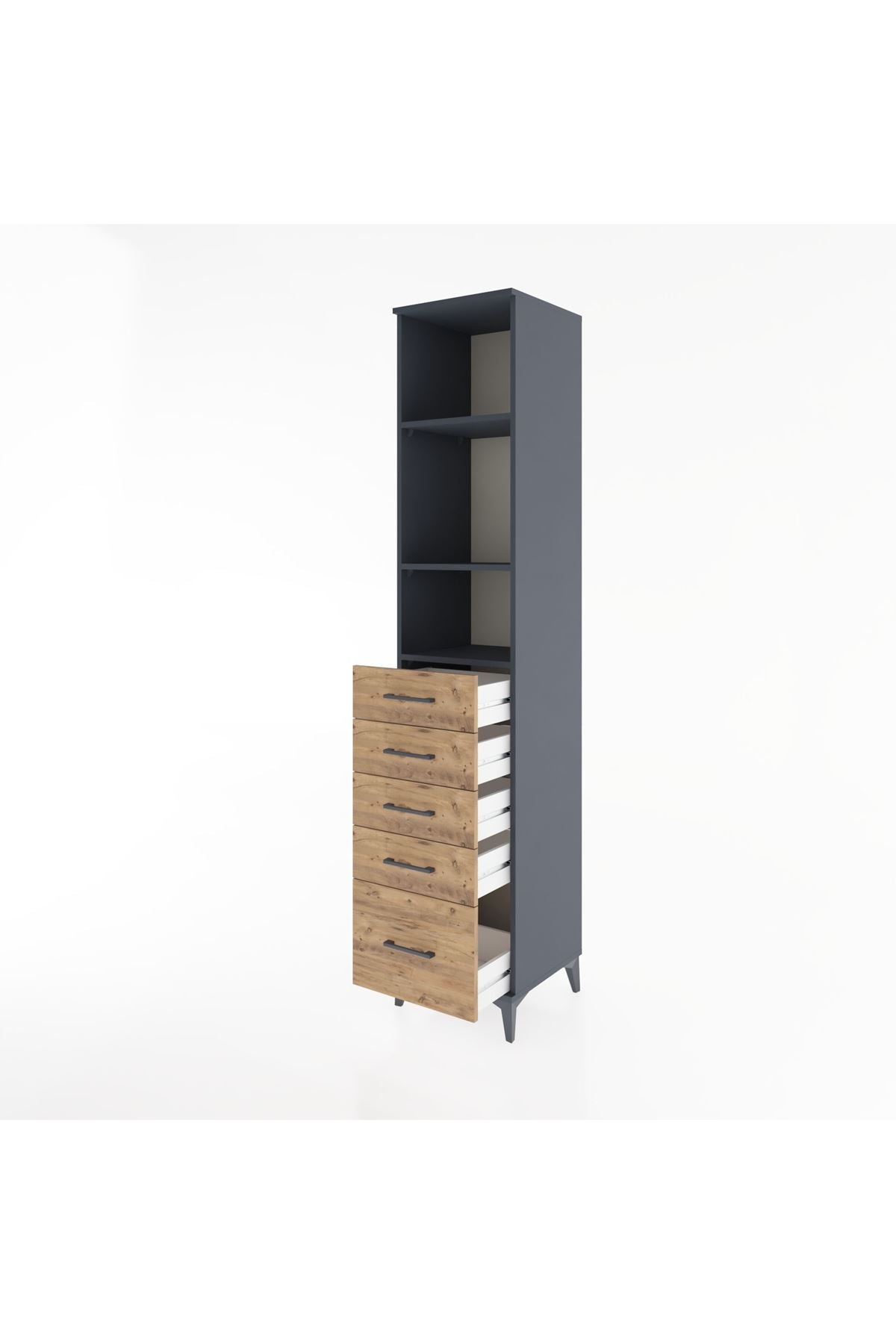 Hyperion Dolap 3 Raflı 5 Çekmeceli 44x44x221 Antrasit-Çam