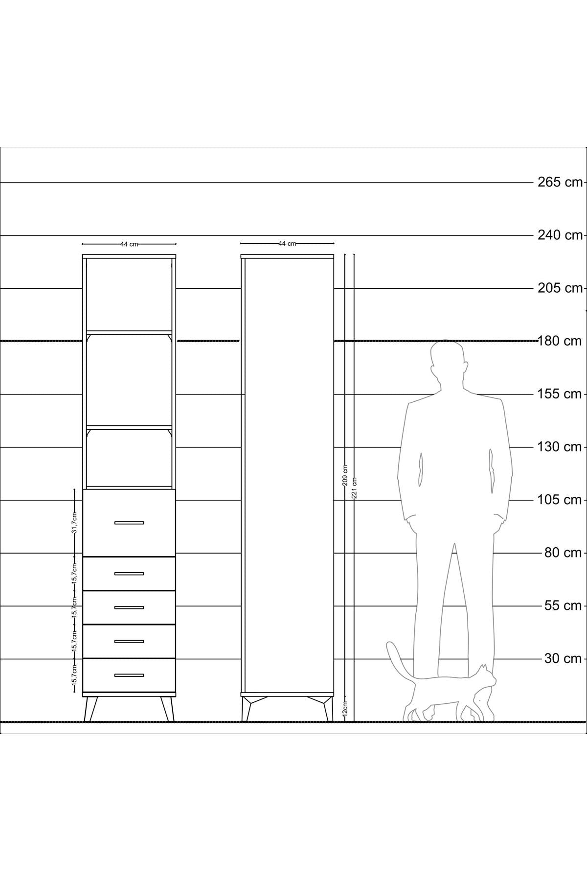 Hyperion Dolap 3 Raflı 5 Çekmeceli 44x44x221 Çam-Antrasit