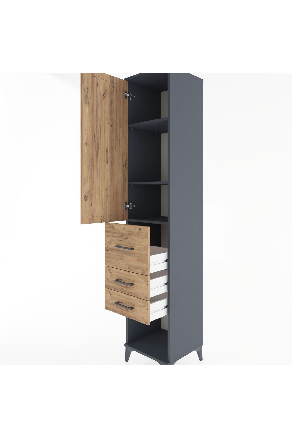 Hyperion Dolap 3 Raflı 3 Çekmeceli Tek Kapaklı 44x44x221 Antrasit-Çam