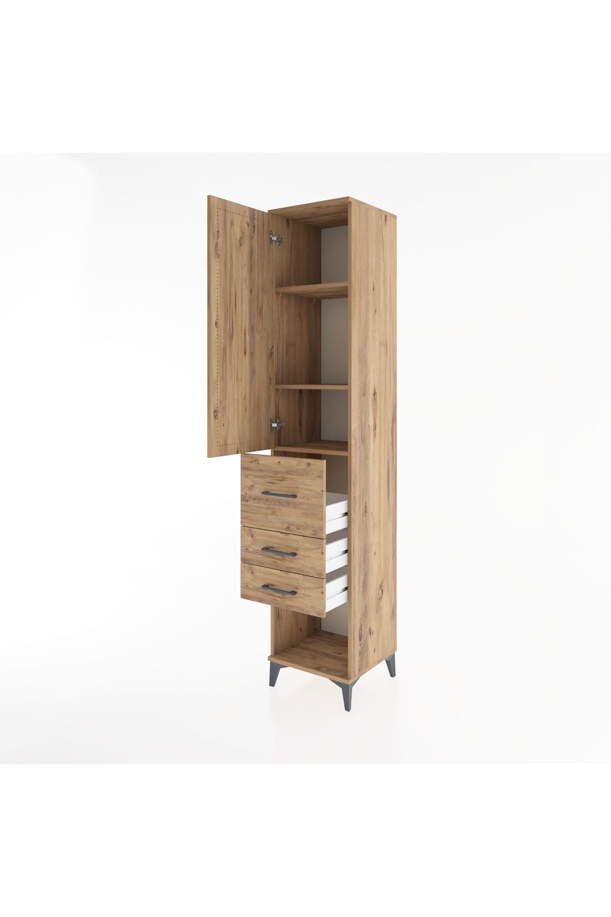 Hyperion Dolap 3 Raflı 3 Çekmeceli Tek Kapaklı 44x44x221 Çam-Çam