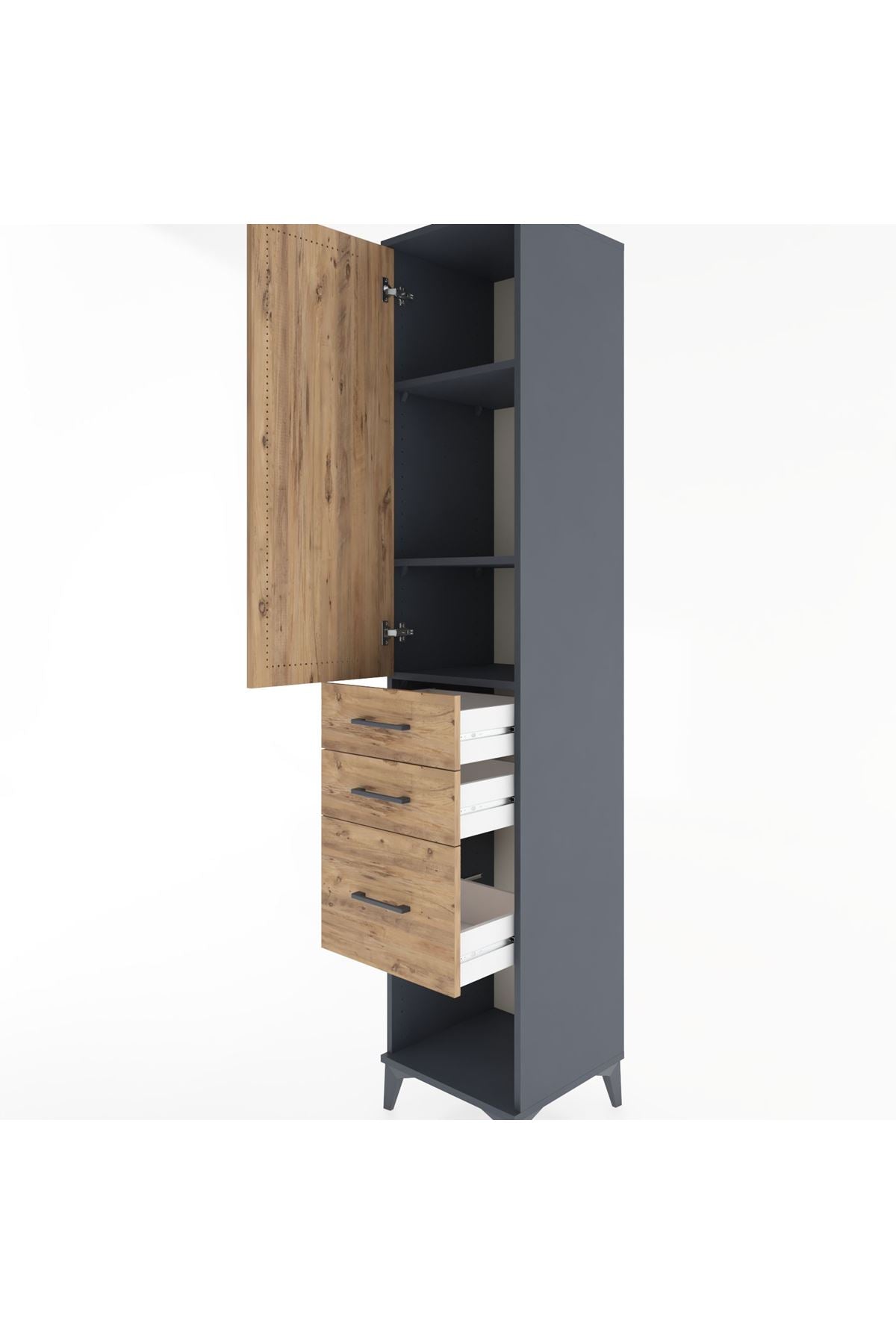 Hyperion Dolap 3 Raflı 3 Çekmeceli Tek Kapaklı 44x44x221 Antrasit-Çam