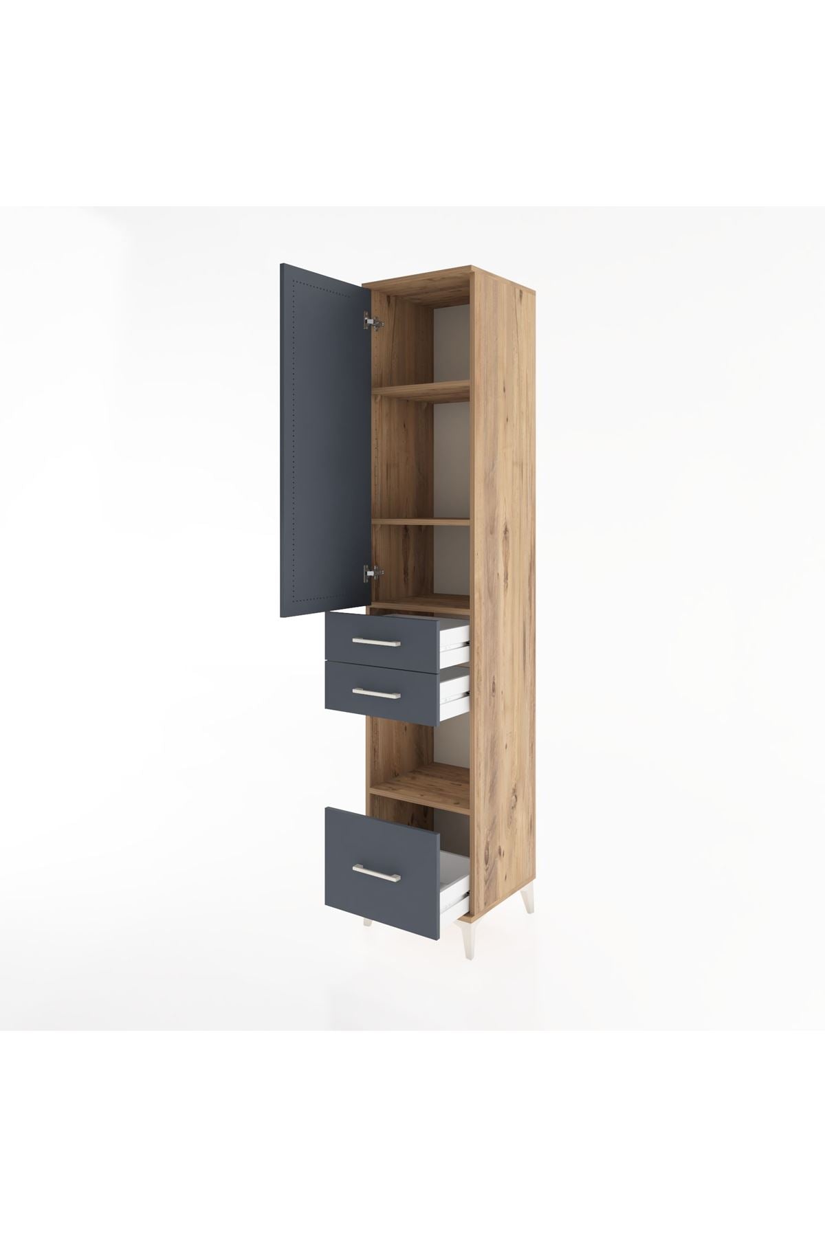 Hyperion Dolap 4 Raflı 3 Çekmeceli Tek Kapaklı 44x44x221 Çam-Antrasit