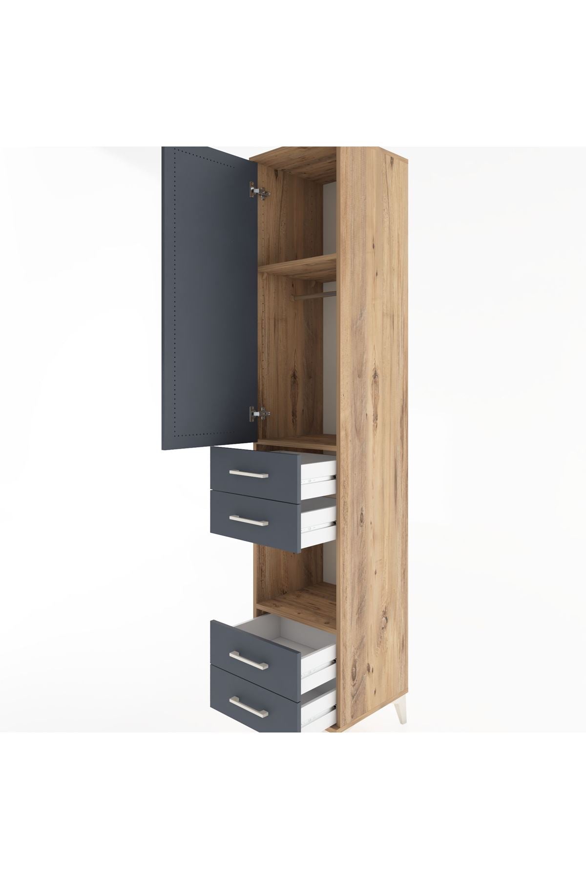 Hyperion Dolap 3 Raflı 4 Çekmeceli Tek Askılı 44x44x221 Çam-Antrasit