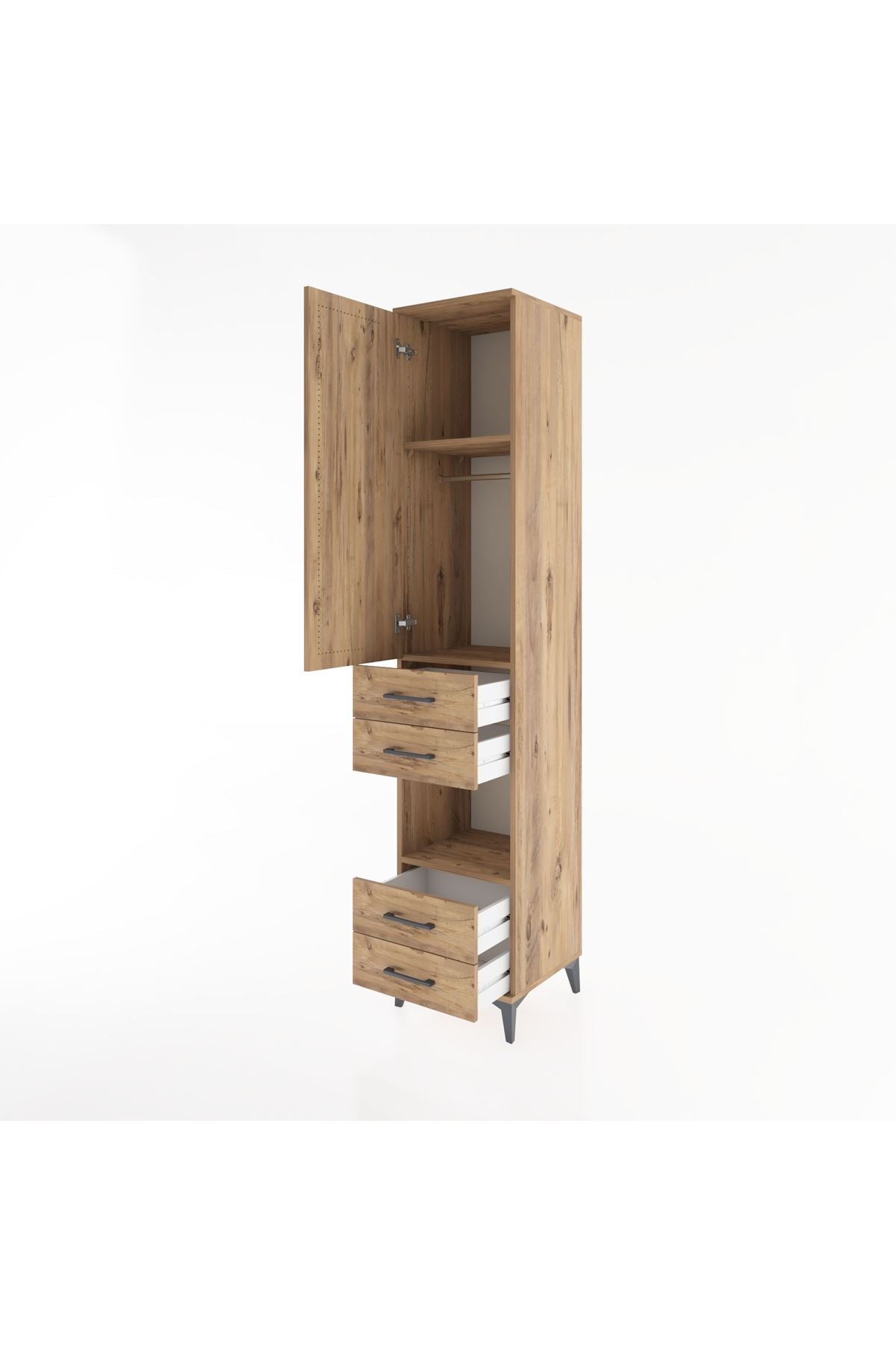 Hyperion Dolap 3 Raflı 4 Çekmeceli Tek Askılı 44x44x221 Çam-Çam