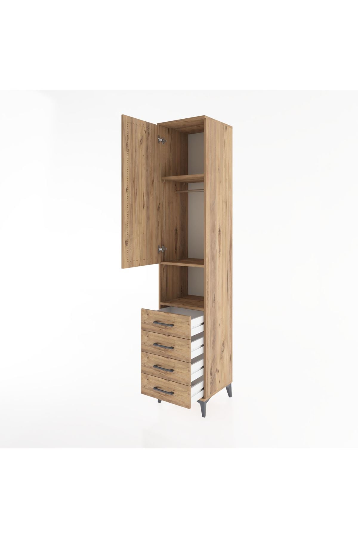 Hyperion Dolap 3 Raflı 4 Çekmeceli Tek Askılı 44x44x221 Çam-Çam