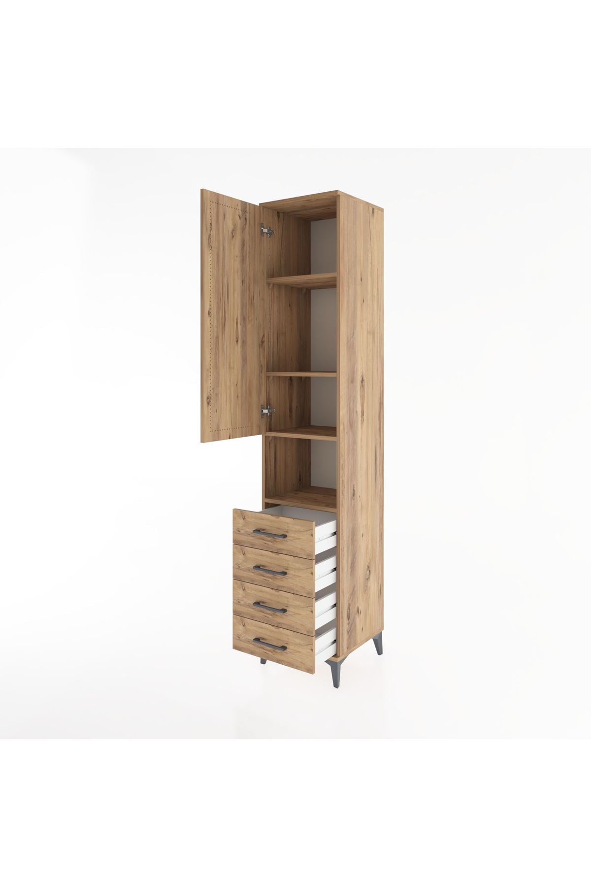 Hyperion Dolap 4 Raflı 4 Çekmeceli Tek Kapaklı 44x44x221 Çam-Çam