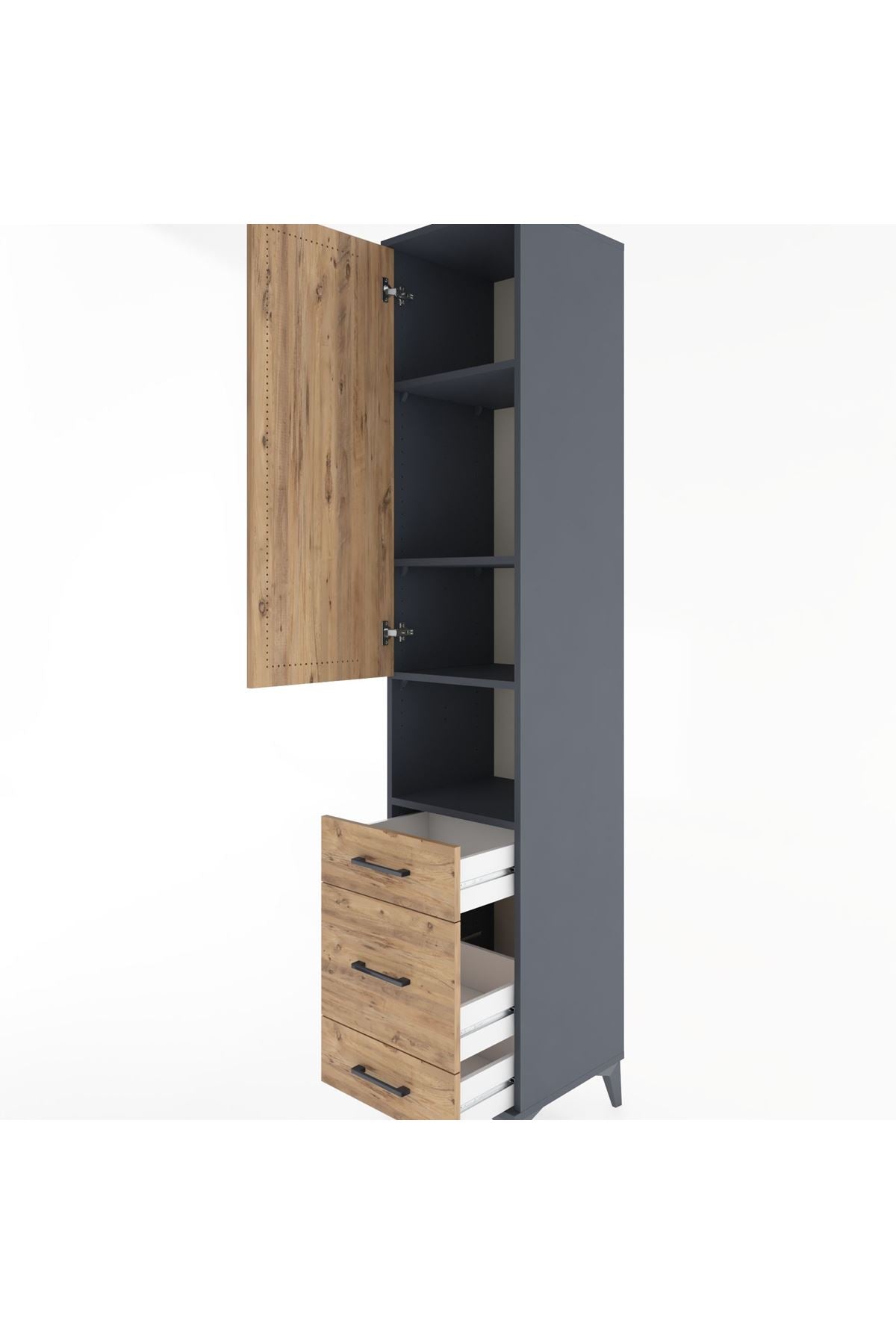 Hyperion Dolap 4 Raflı 3 Çekmeceli Tek Kapaklı 44x44x221 Antrasit-Çam