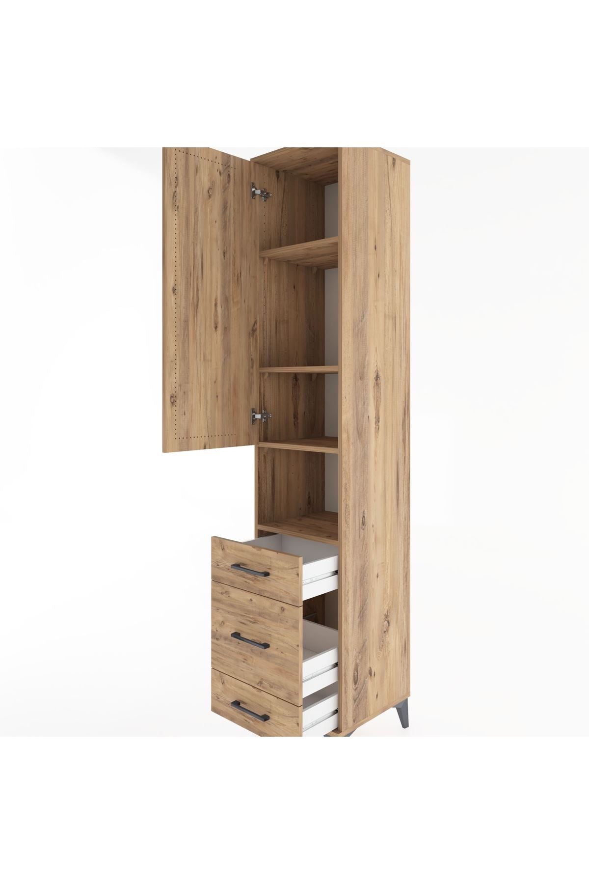 Hyperion Dolap 4 Raflı 3 Çekmeceli Tek Kapaklı 44x44x221 Çam-Çam