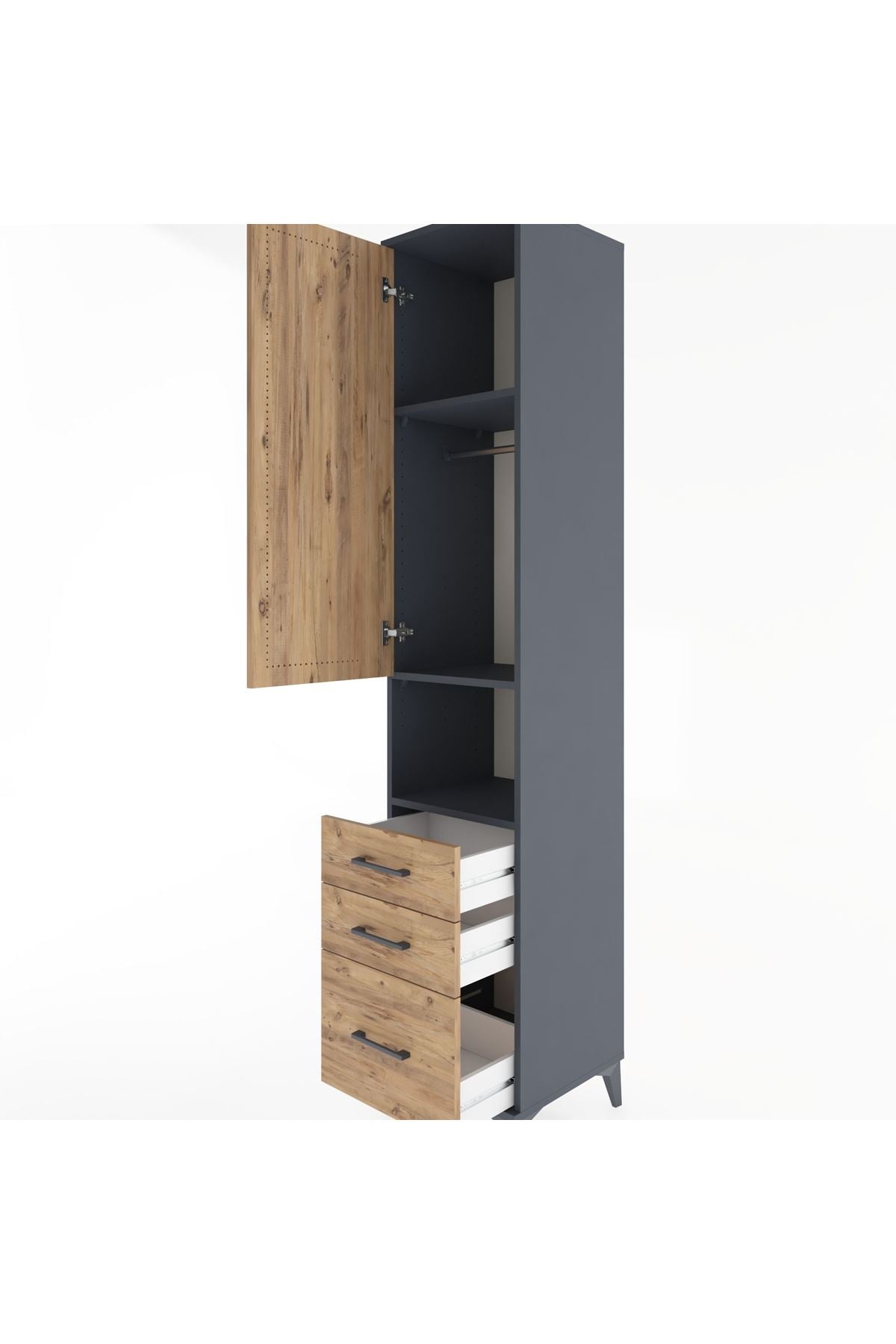 Hyperion Dolap 3 Raflı 3 Çekmeceli Tek Askılı 44x44x221 Antrasit-Çam