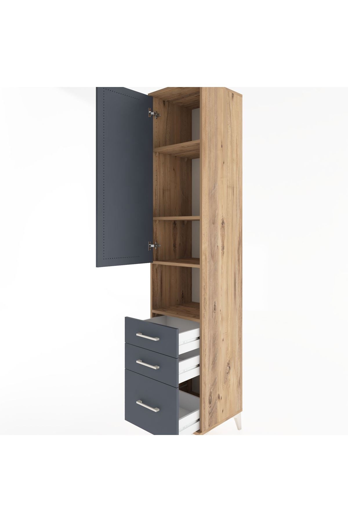 Hyperion Dolap 4 Raflı 3 Çekmeceli Tek Kapaklı 44x44x221 Çam-Antrasit