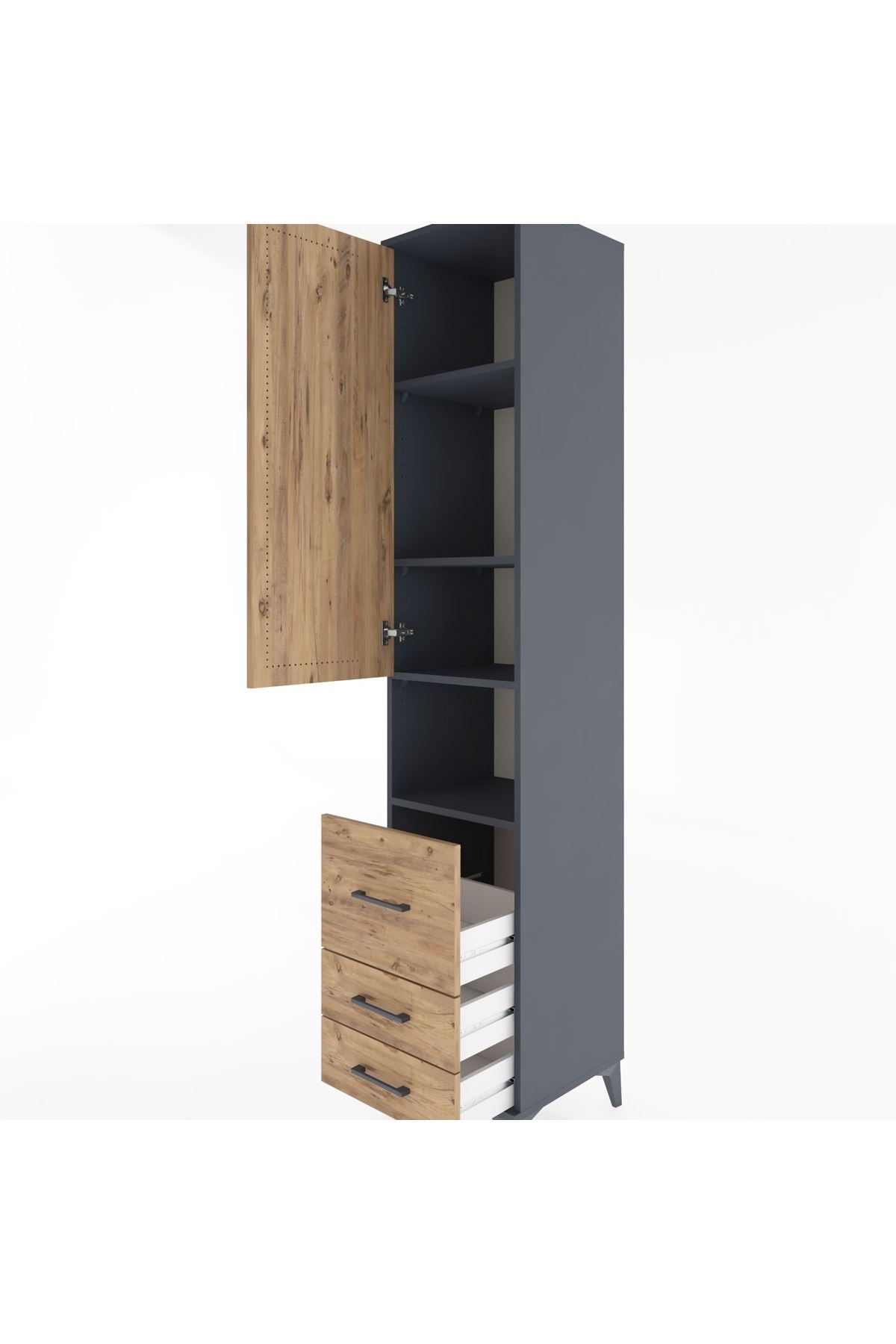 Hyperion Dolap 4 Raflı 3 Çekmeceli Tek Kapaklı 44x44x221 Antrasit-Çam