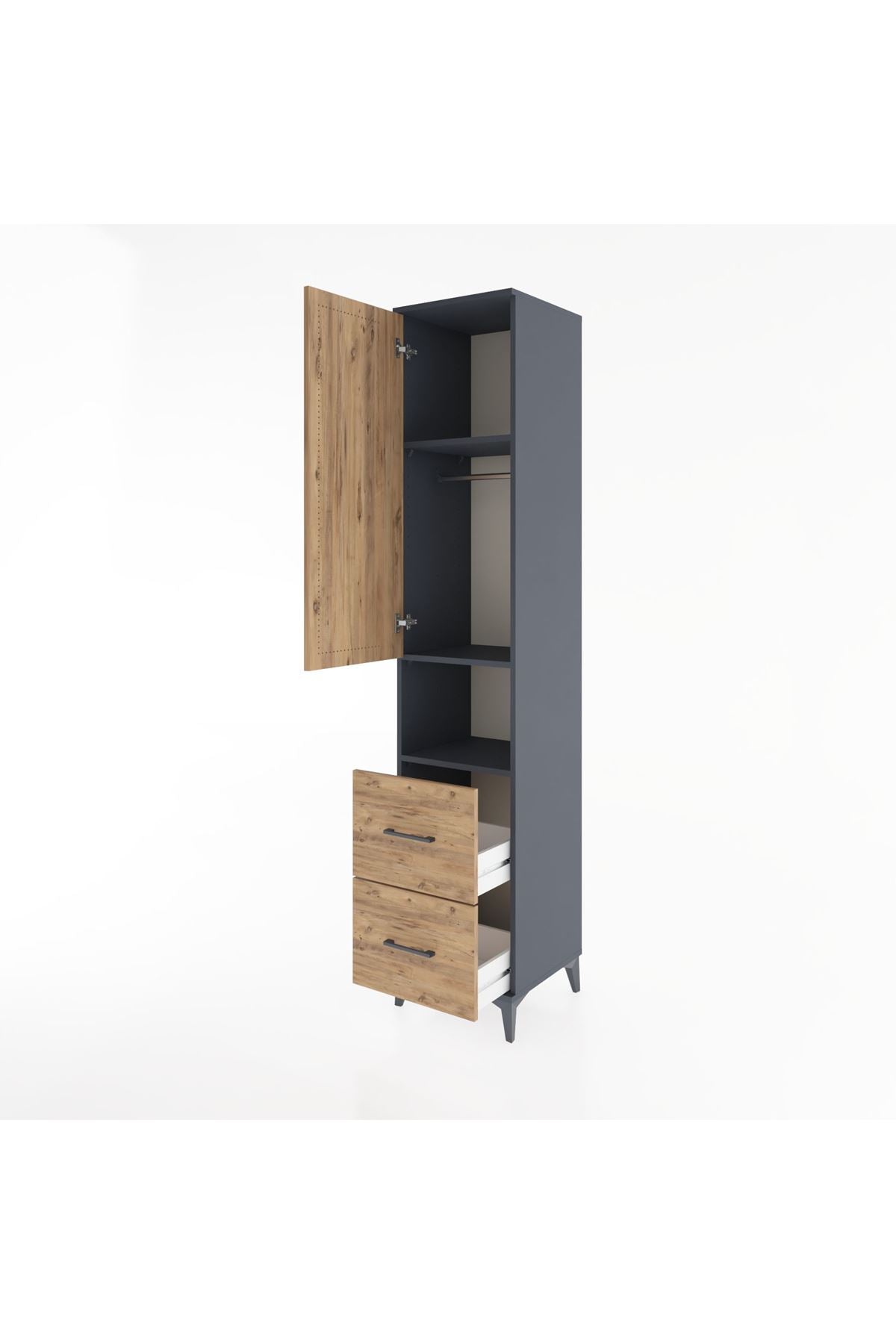 Hyperion Dolap 3 Raflı 2 Çekmeceli Tek Askılı 44x44x221 Antrasit-Çam