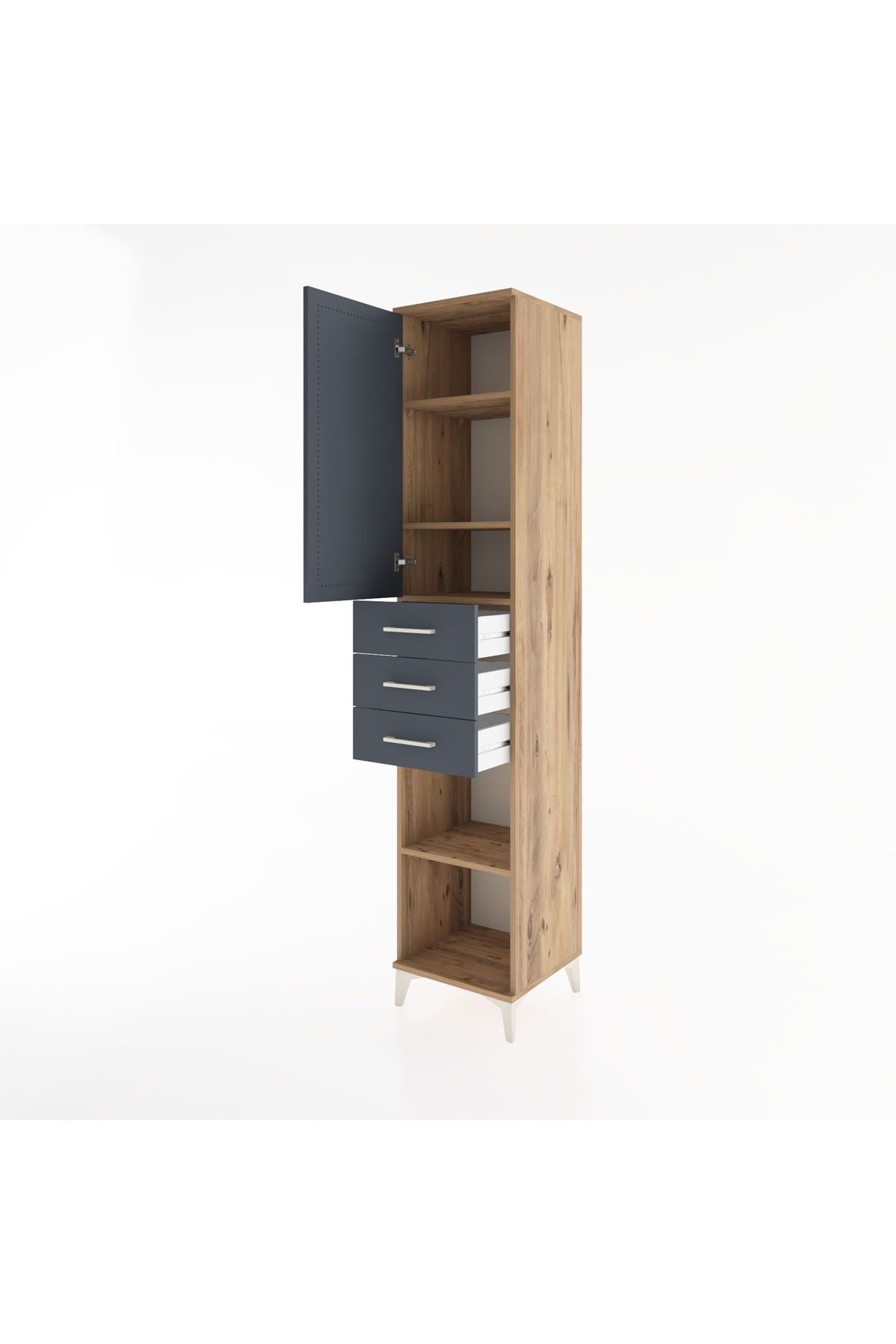 Hyperion Dolap 4 Raflı 3 Çekmeceli Tek Kapaklı 44x44x221 Çam-Antrasit