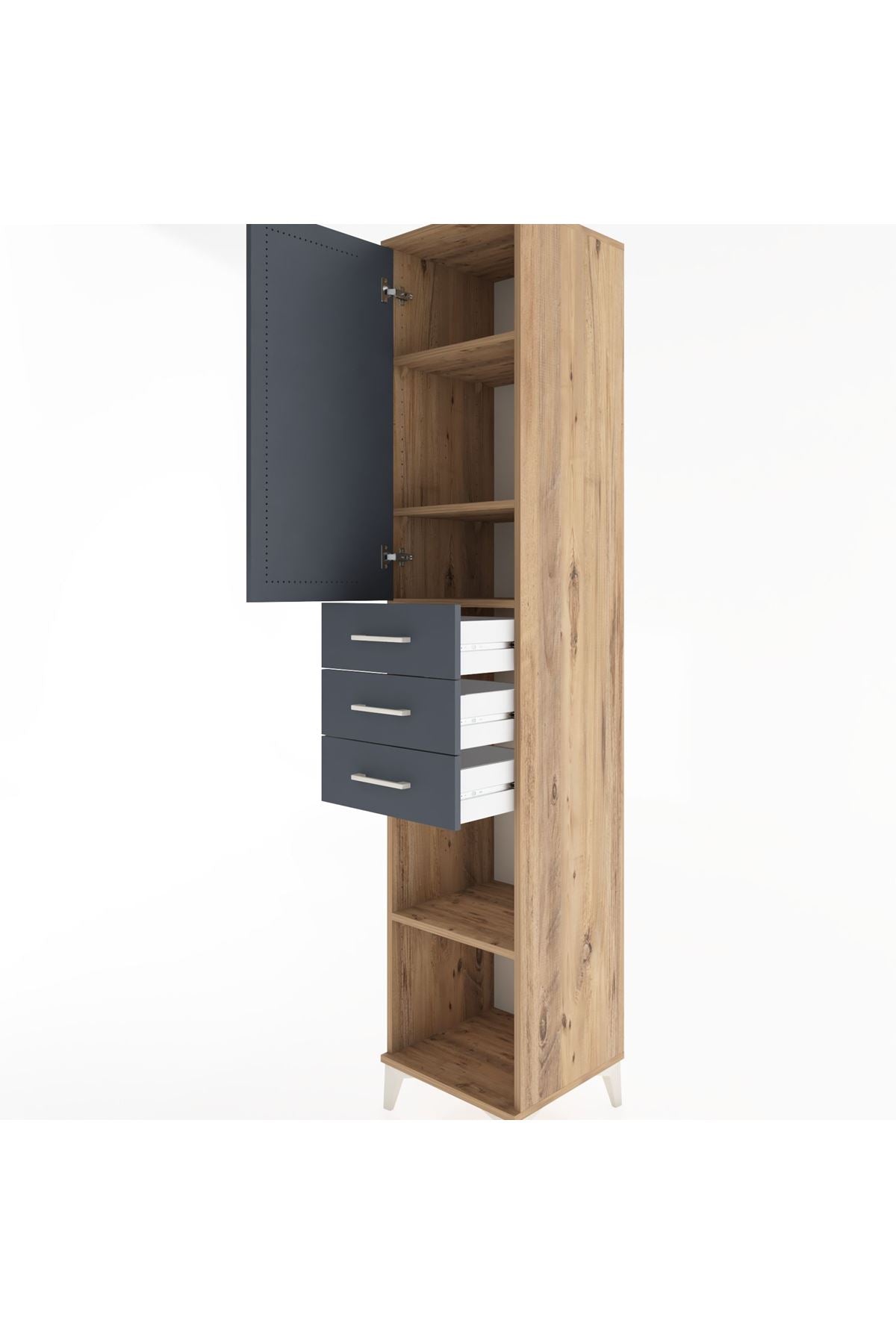 Hyperion Dolap 4 Raflı 3 Çekmeceli Tek Kapaklı 44x44x221 Çam-Antrasit