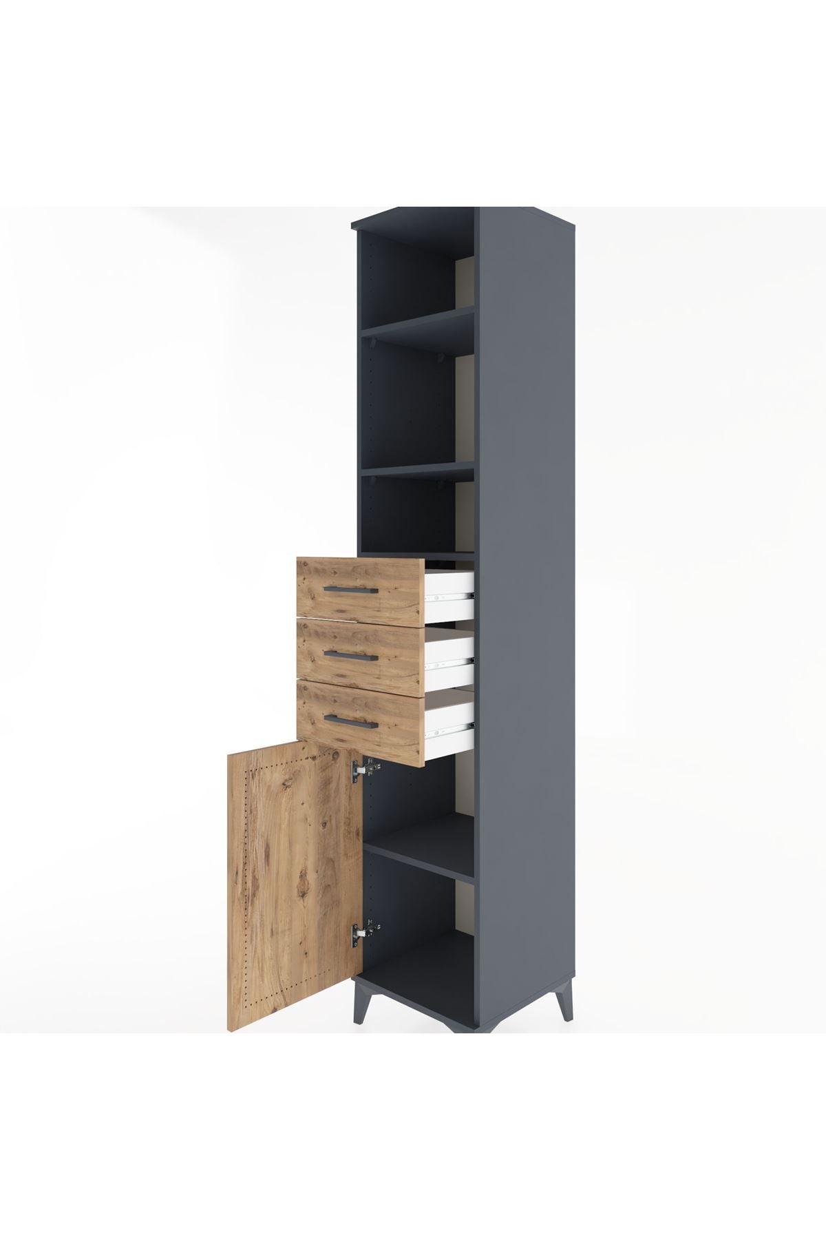 Hyperion Dolap 4 Raflı 3 Çekmeceli Tek Kapaklı 44x44x221 Antrasit-Çam