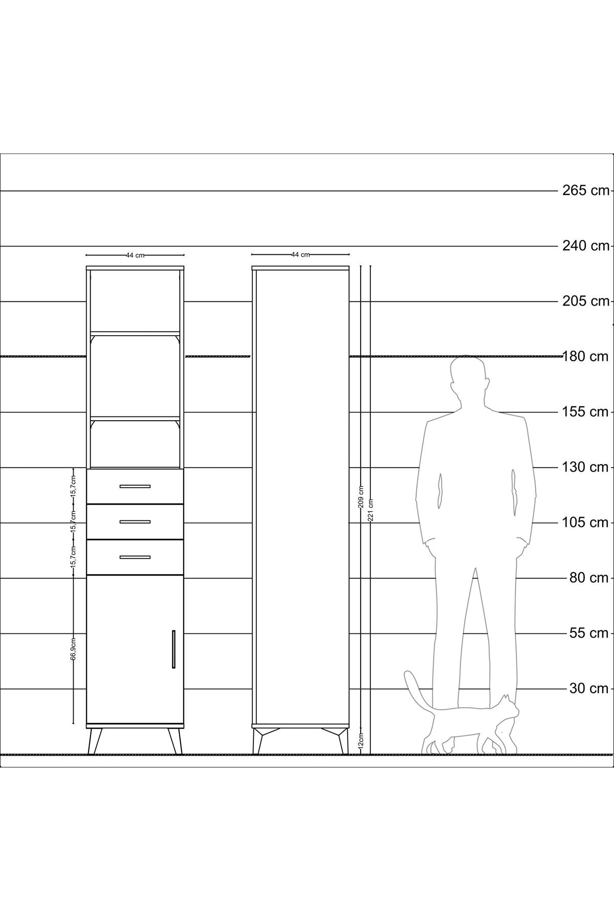 Hyperion Dolap 4 Raflı 3 Çekmeceli Tek Kapaklı 44x44x221 Antrasit-Çam