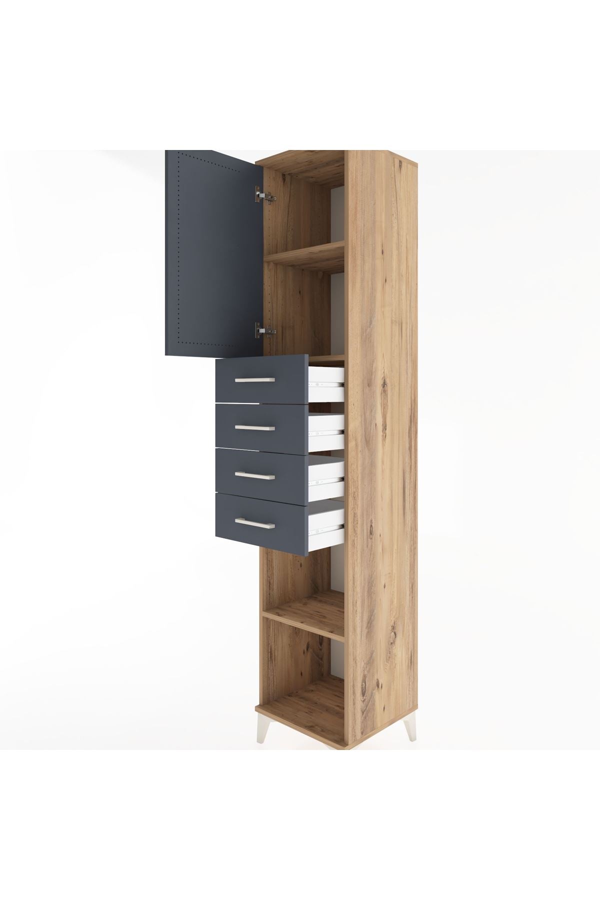 Hyperion Dolap 3 Raflı 4 Çekmeceli Tek Kapaklı 44x44x221 Çam-Antrasit