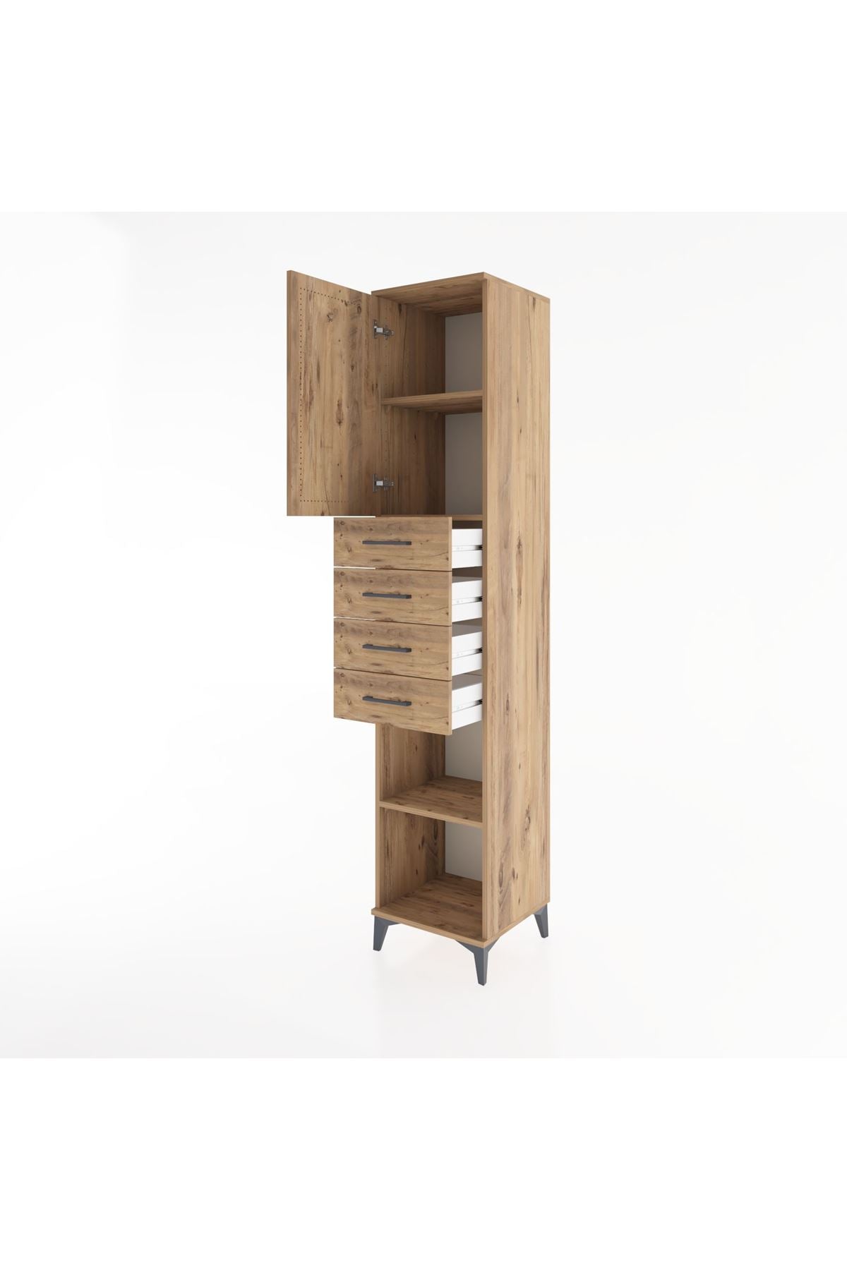 Hyperion Dolap 3 Raflı 4 Çekmeceli Tek Kapaklı 44x44x221 Çam-Çam