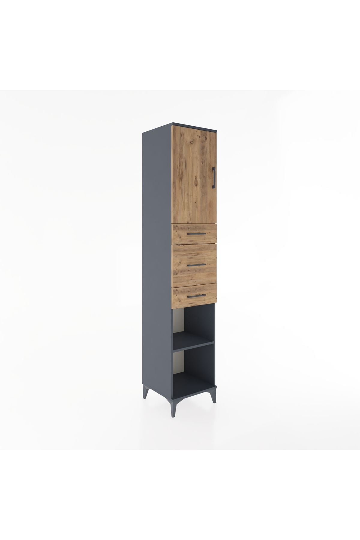 Hyperion Dolap 3 Raflı 3 Çekmeceli Tek Kapaklı 44x44x221 Antrasit-Çam