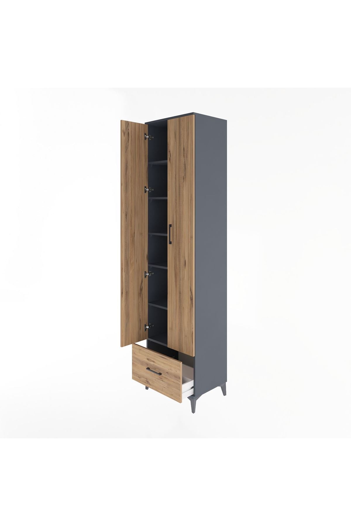 Hyperion Dolap 6 Raflı Tek Çekmeceli 2 Kapaklı 60x44x243 Antrasit-Çam