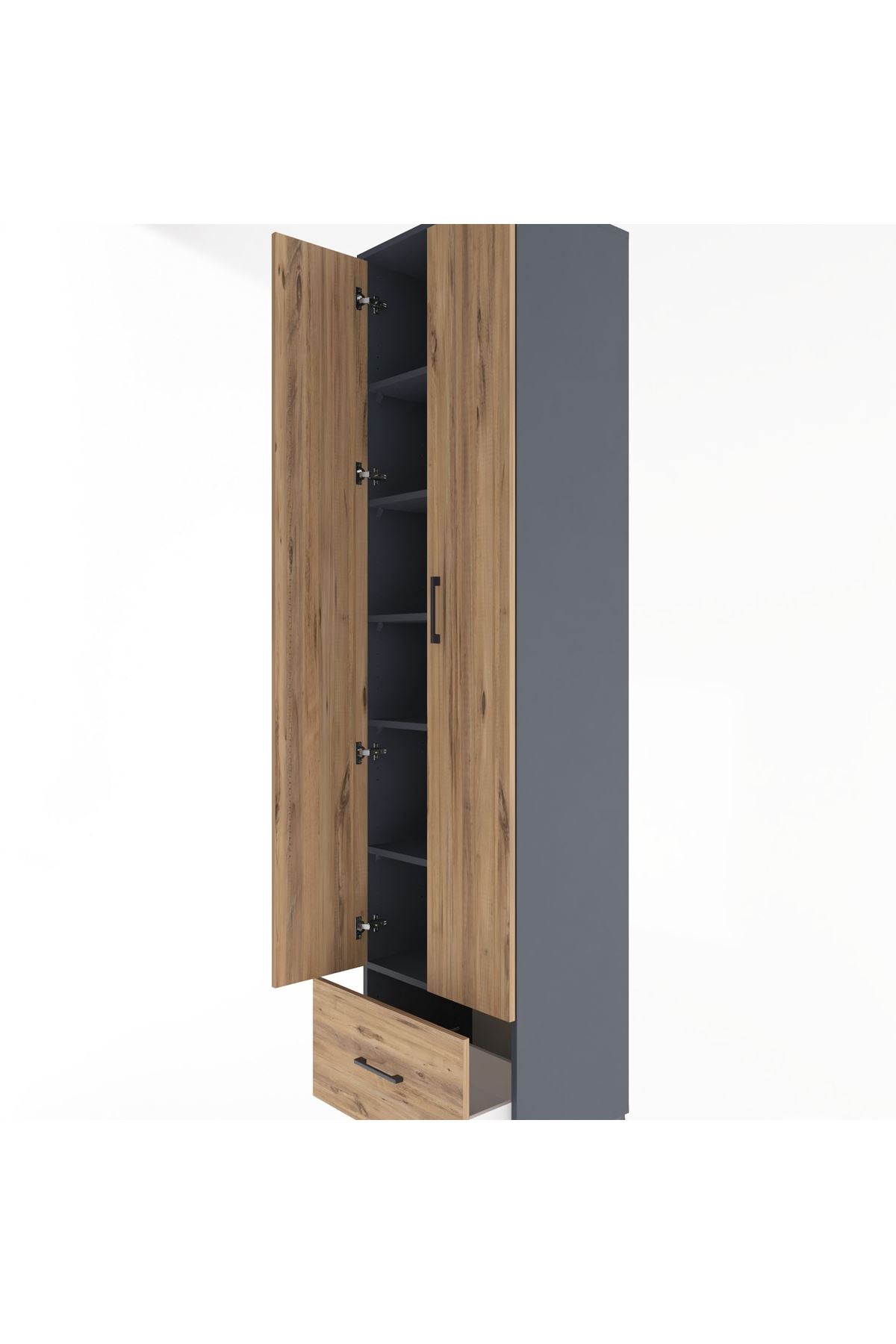 Hyperion Dolap 6 Raflı Tek Çekmeceli 2 Kapaklı 60x44x243 Antrasit-Çam