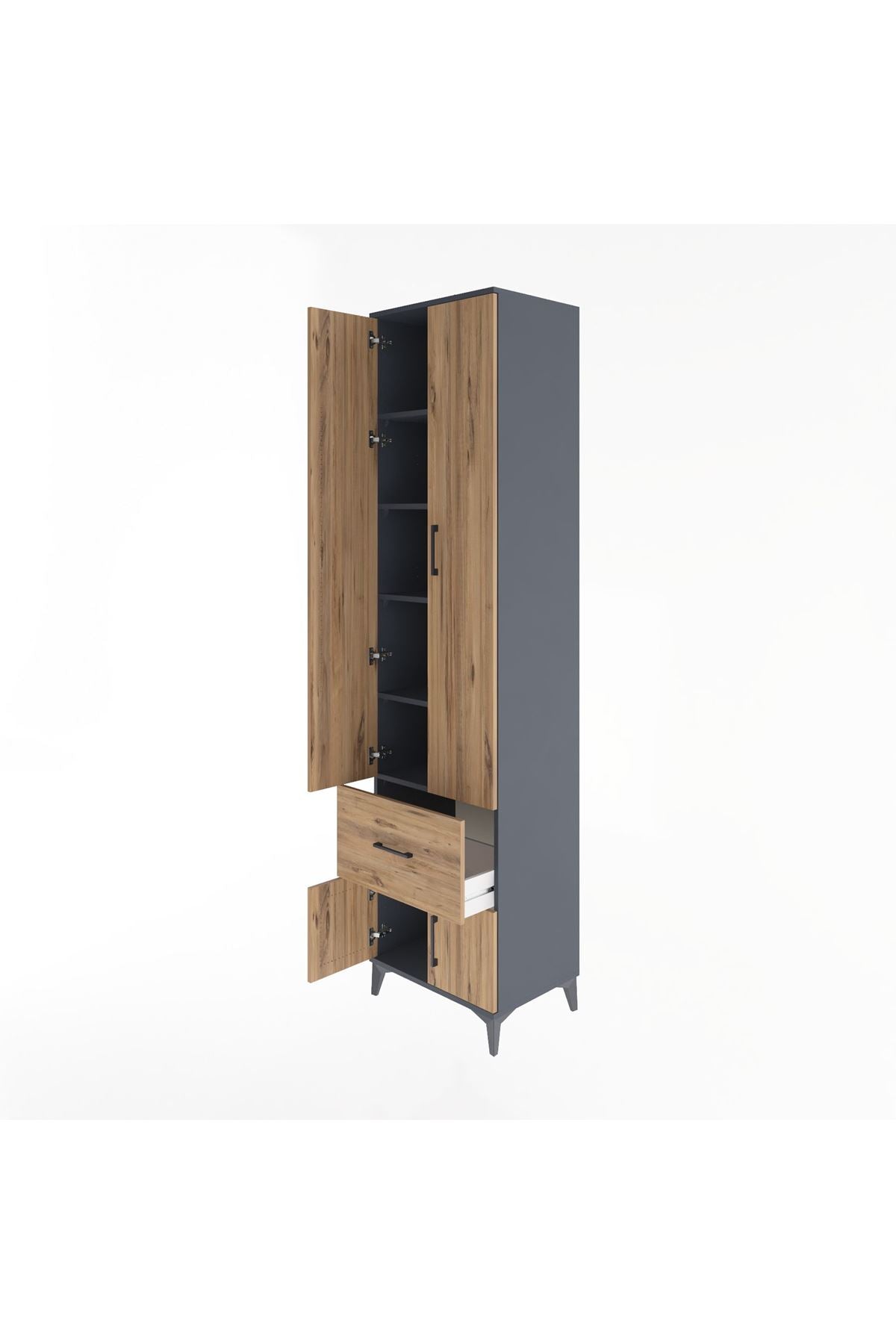 Hyperion Dolap 5 Raflı Tek Çekmeceli 4 Kapaklı 60x44x243 Antrasit-Çam
