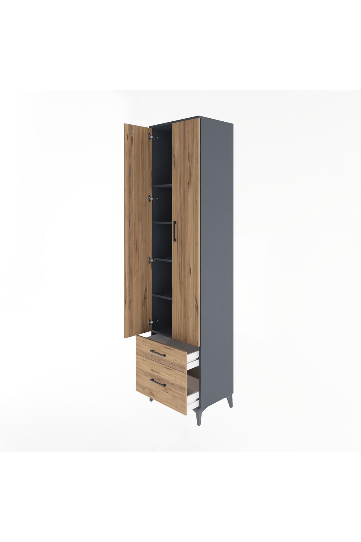 Hyperion Dolap 5 Raflı 2 Çekmeceli 2 Kapaklı 60x44x243 Antrasit-Çam