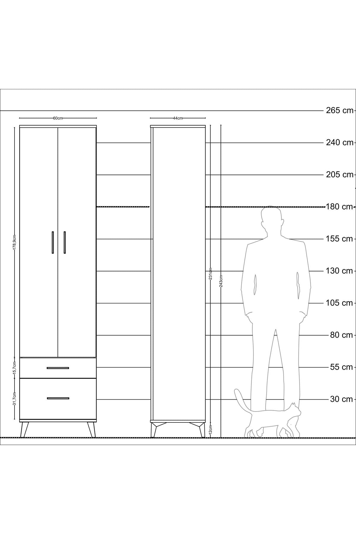 Hyperion Dolap 5 Raflı 2 Çekmeceli 2 Kapaklı 60x44x243 Antrasit-Çam