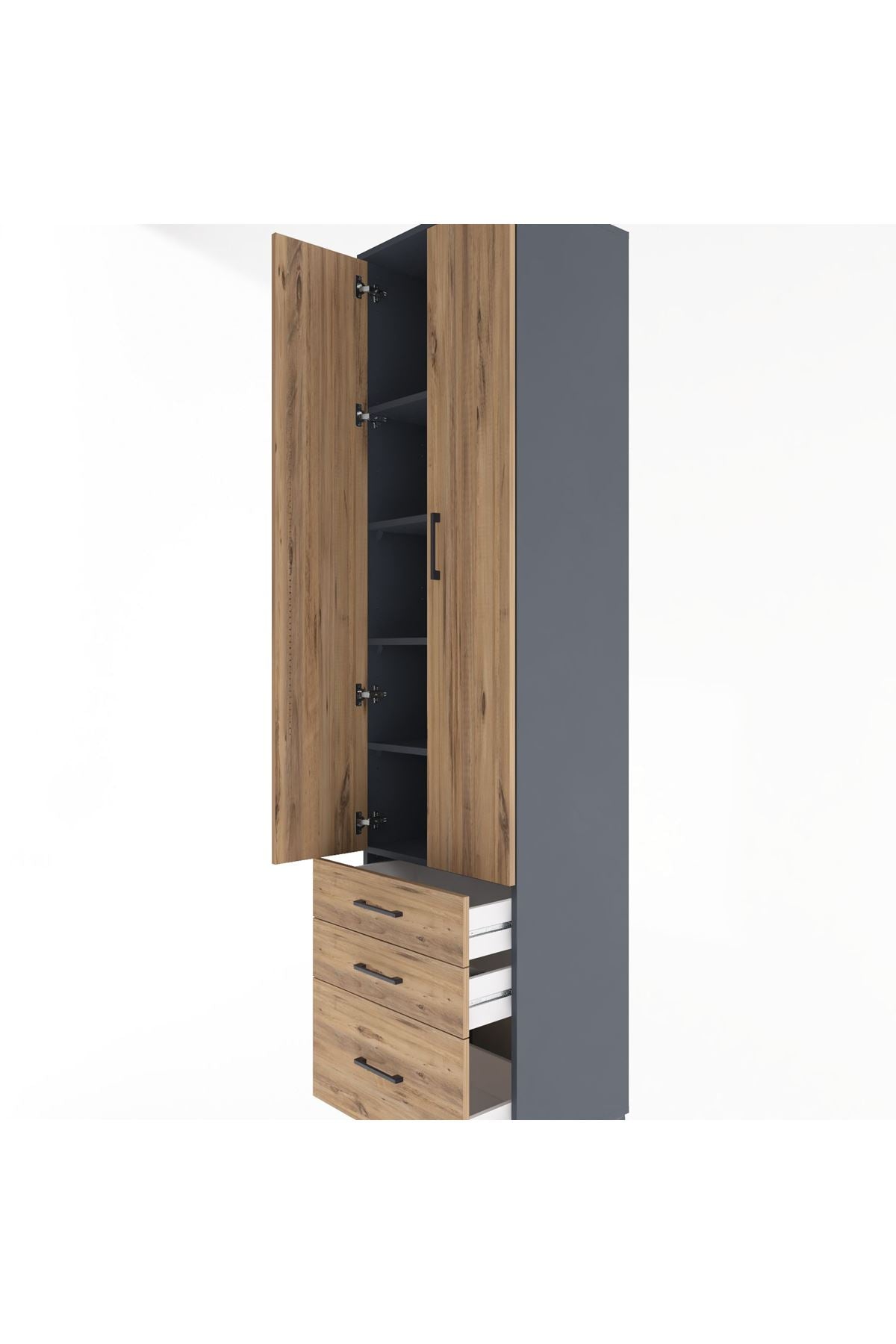 Hyperion Dolap 5 Raflı 3 Çekmeceli 2 Kapaklı 60x44x243 Antrasit-Çam