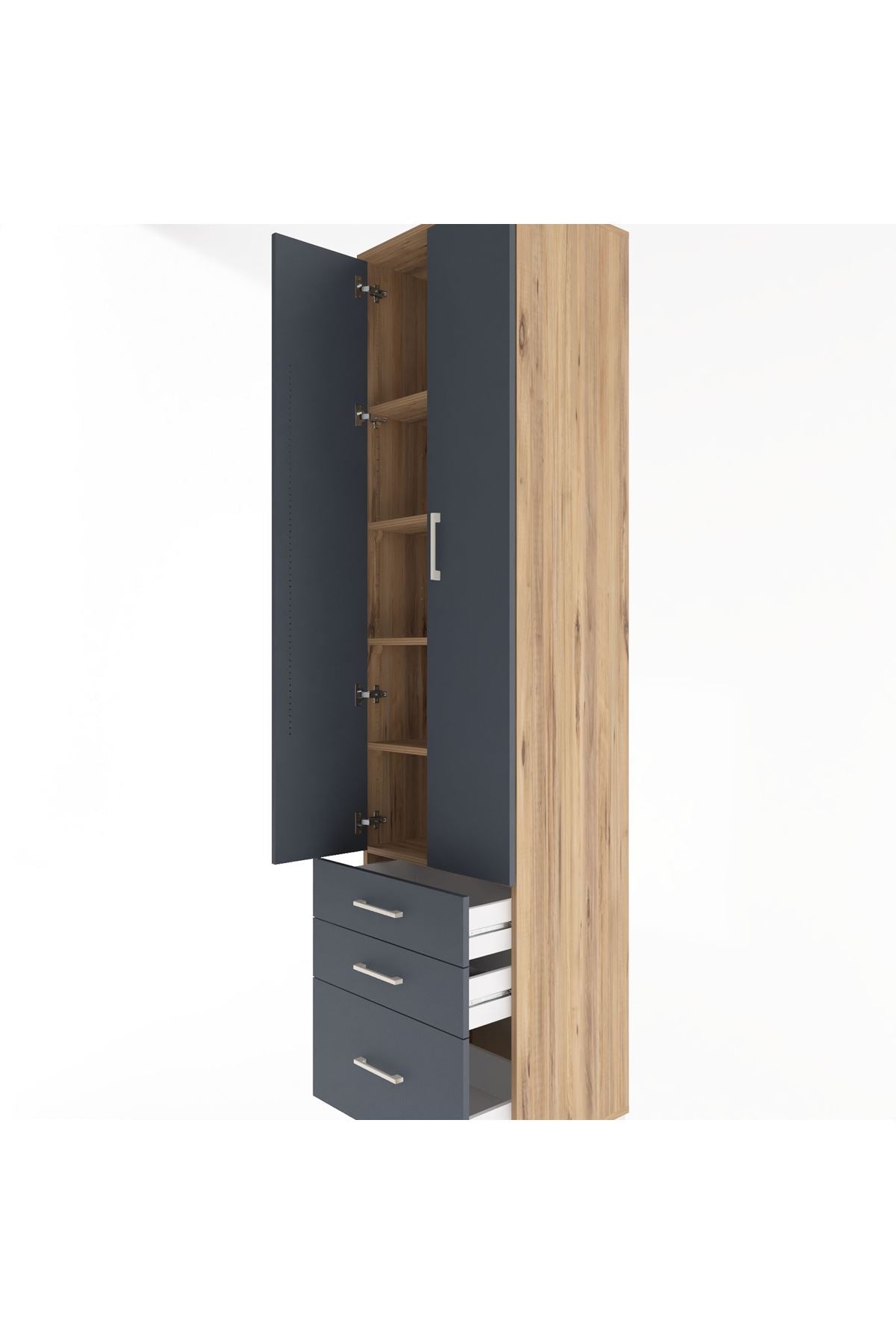 Hyperion Dolap 5 Raflı 3 Çekmeceli 2 Kapaklı 60x44x243 Çam-Antrasit