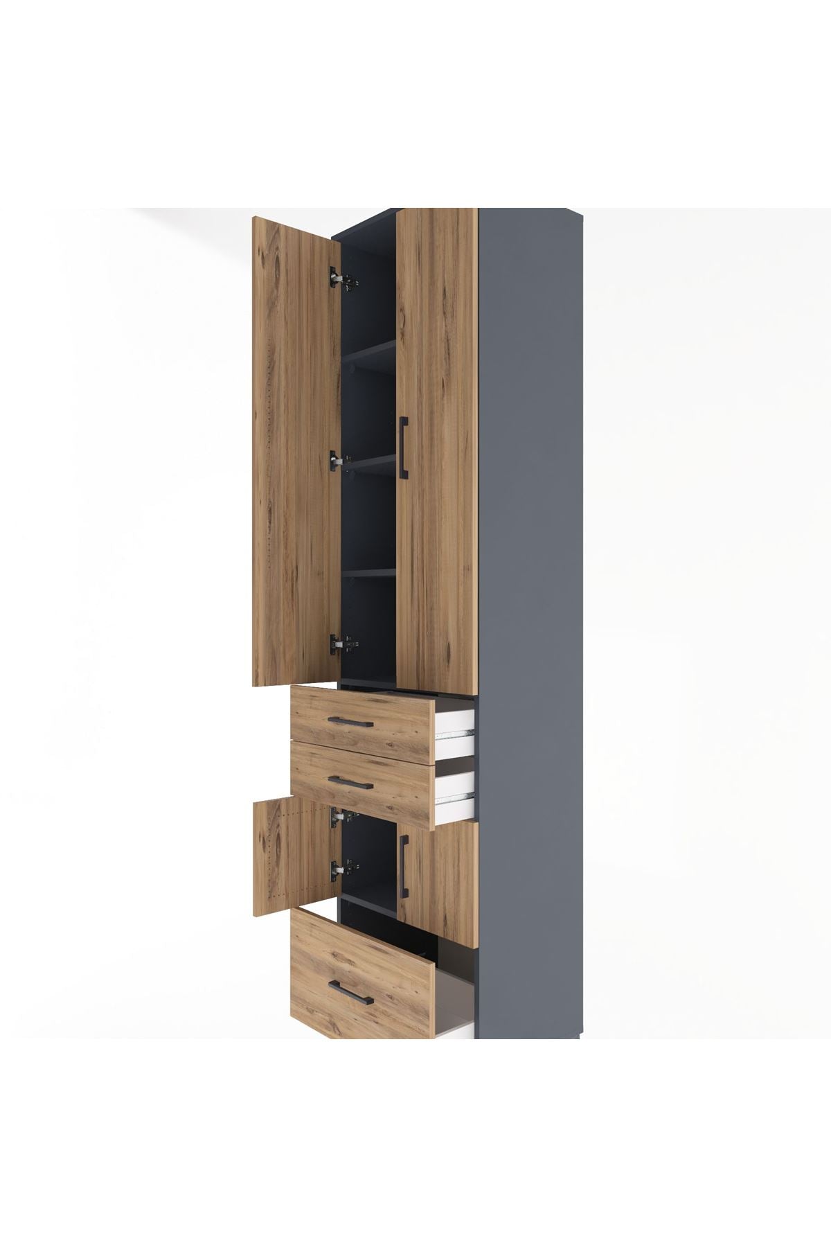 Hyperion Dolap 5 Raflı 3 Çekmeceli 4 Kapaklı 60x44x243 Antrasit-Çam