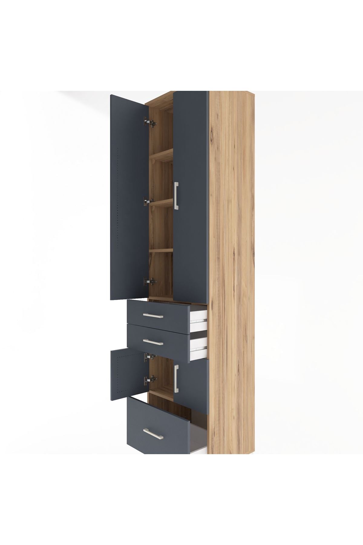 Hyperion Dolap 5 Raflı 3 Çekmeceli 4 Kapaklı 60x44x243 Çam-Antrasit