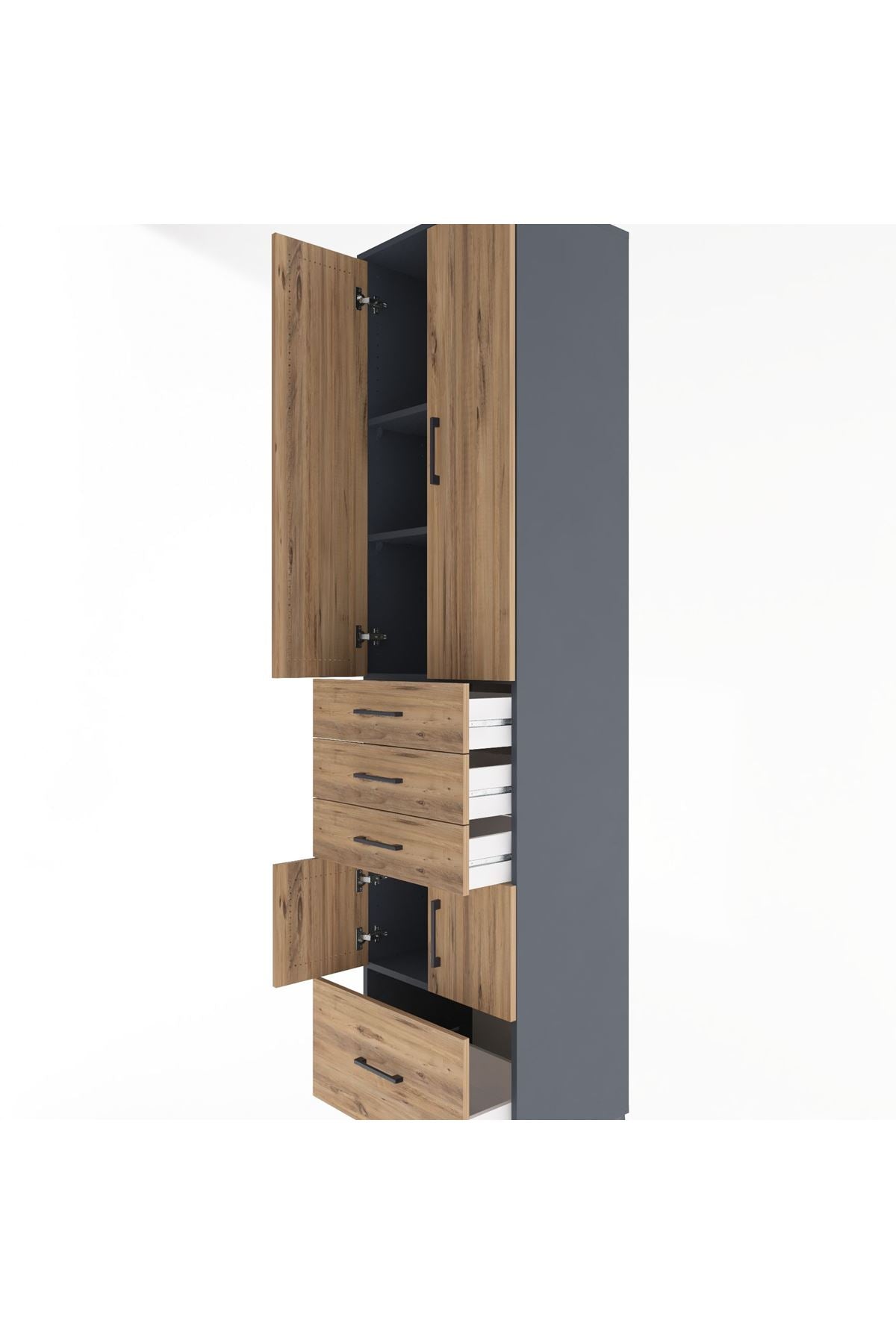 Hyperion Dolap 4 Raflı 4 Çekmeceli 4 Kapaklı 60x44x243 Antrasit-Çam