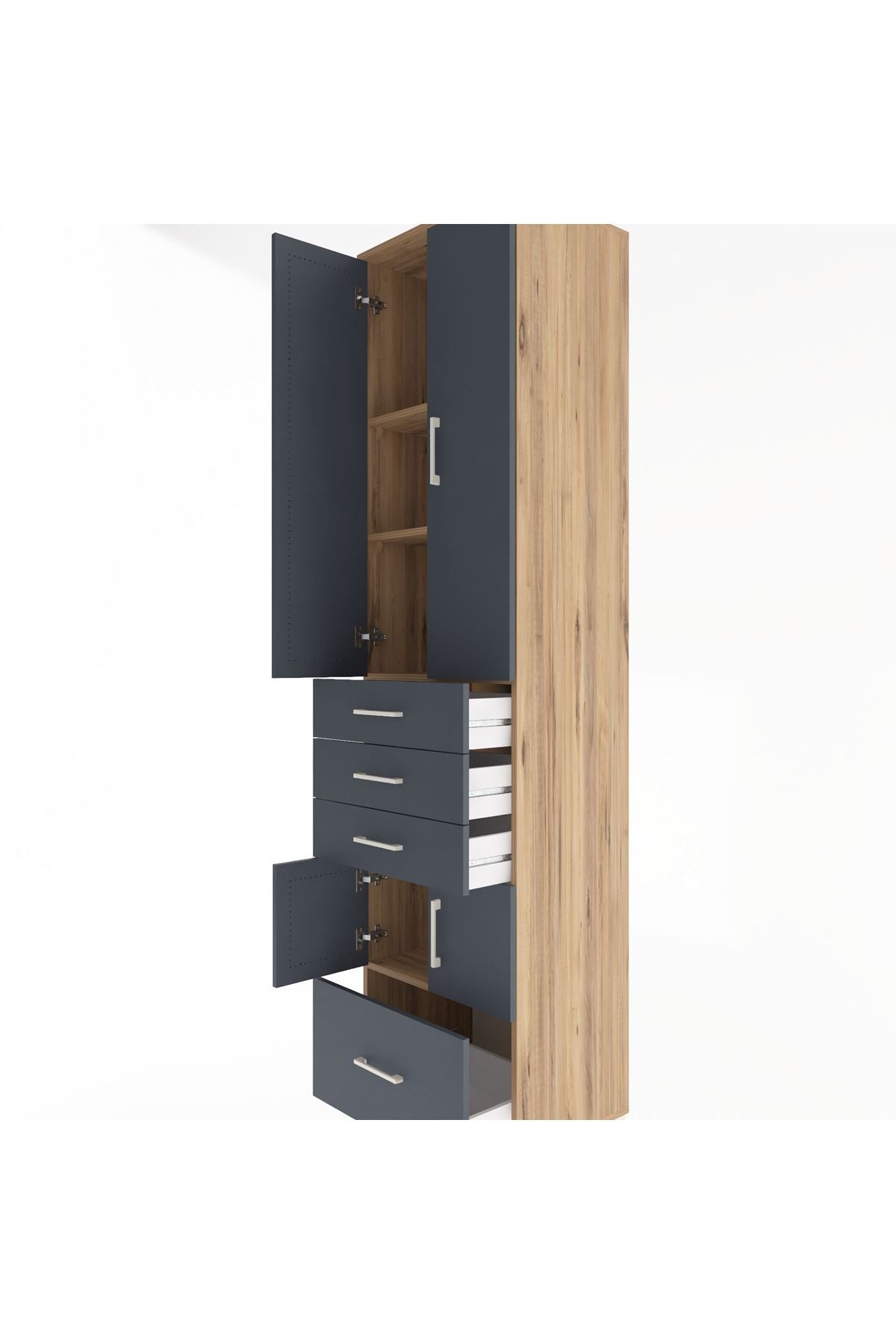 Hyperion Dolap 4 Raflı 4 Çekmeceli 4 Kapaklı 60x44x243 Çam-Antrasit