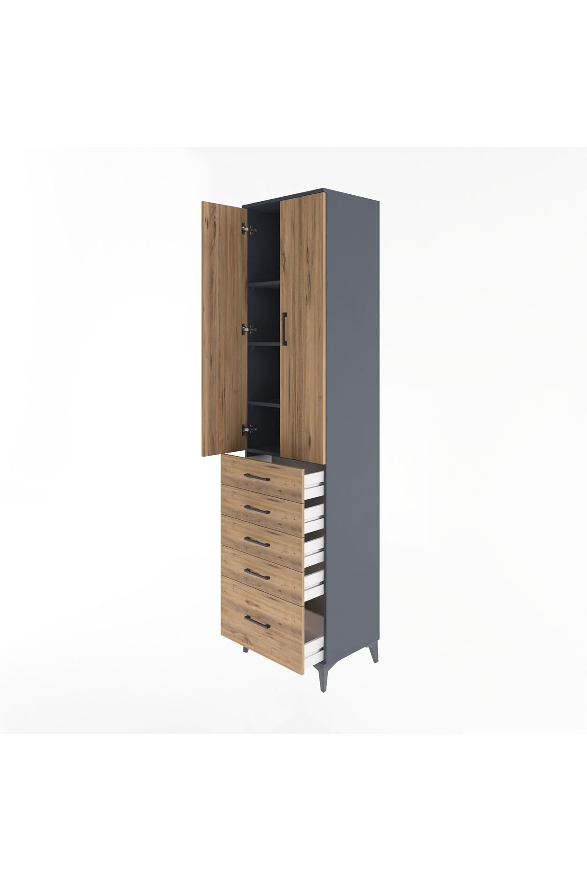 Hyperion Dolap 4 Raflı 5 Çekmeceli 2 Kapaklı 60x44x243 Antrasit-Çam