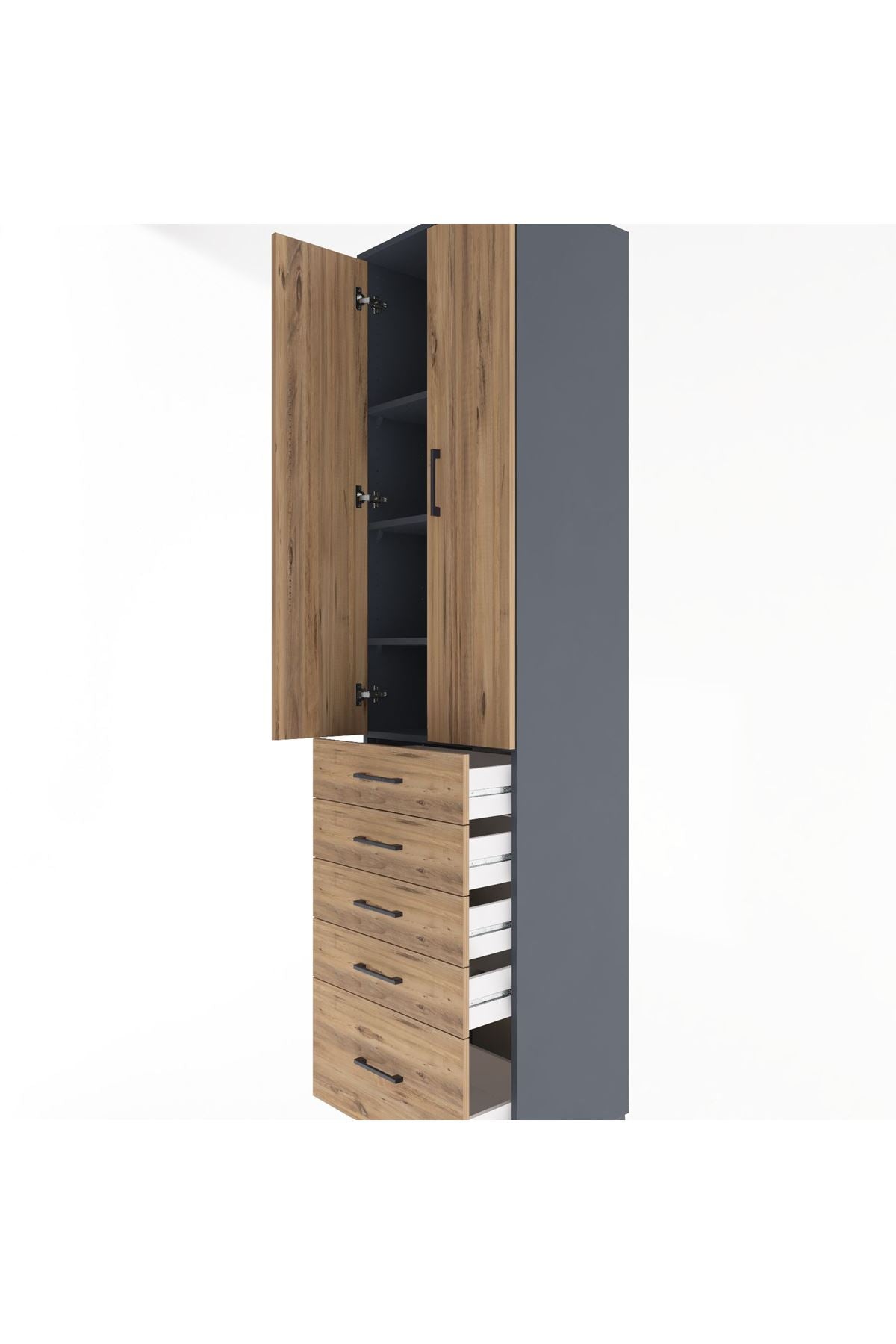 Hyperion Dolap 4 Raflı 5 Çekmeceli 2 Kapaklı 60x44x243 Antrasit-Çam