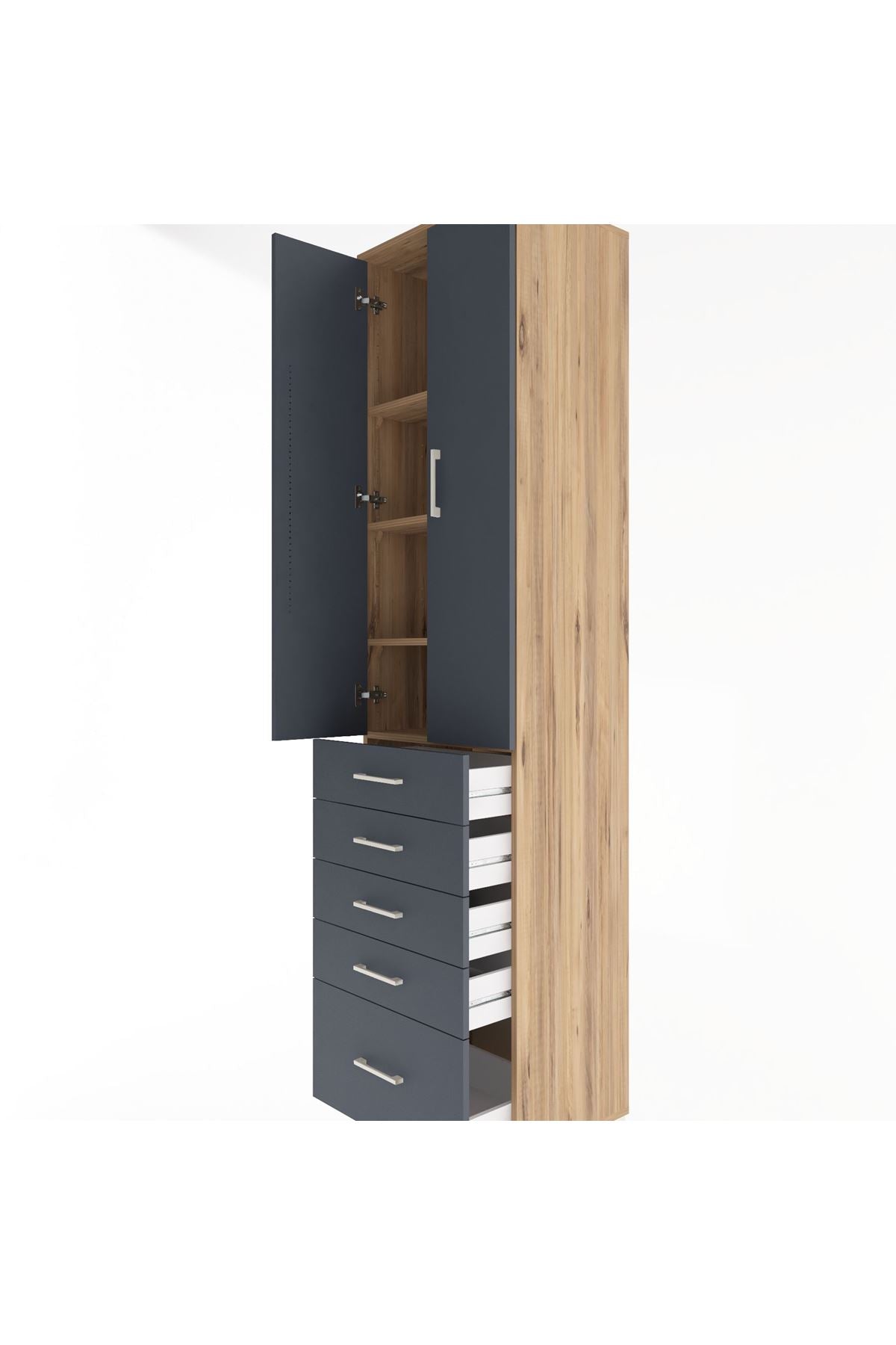 Hyperion Dolap 4 Raflı 5 Çekmeceli 2 Kapaklı 60x44x243 Çam-Antrasit