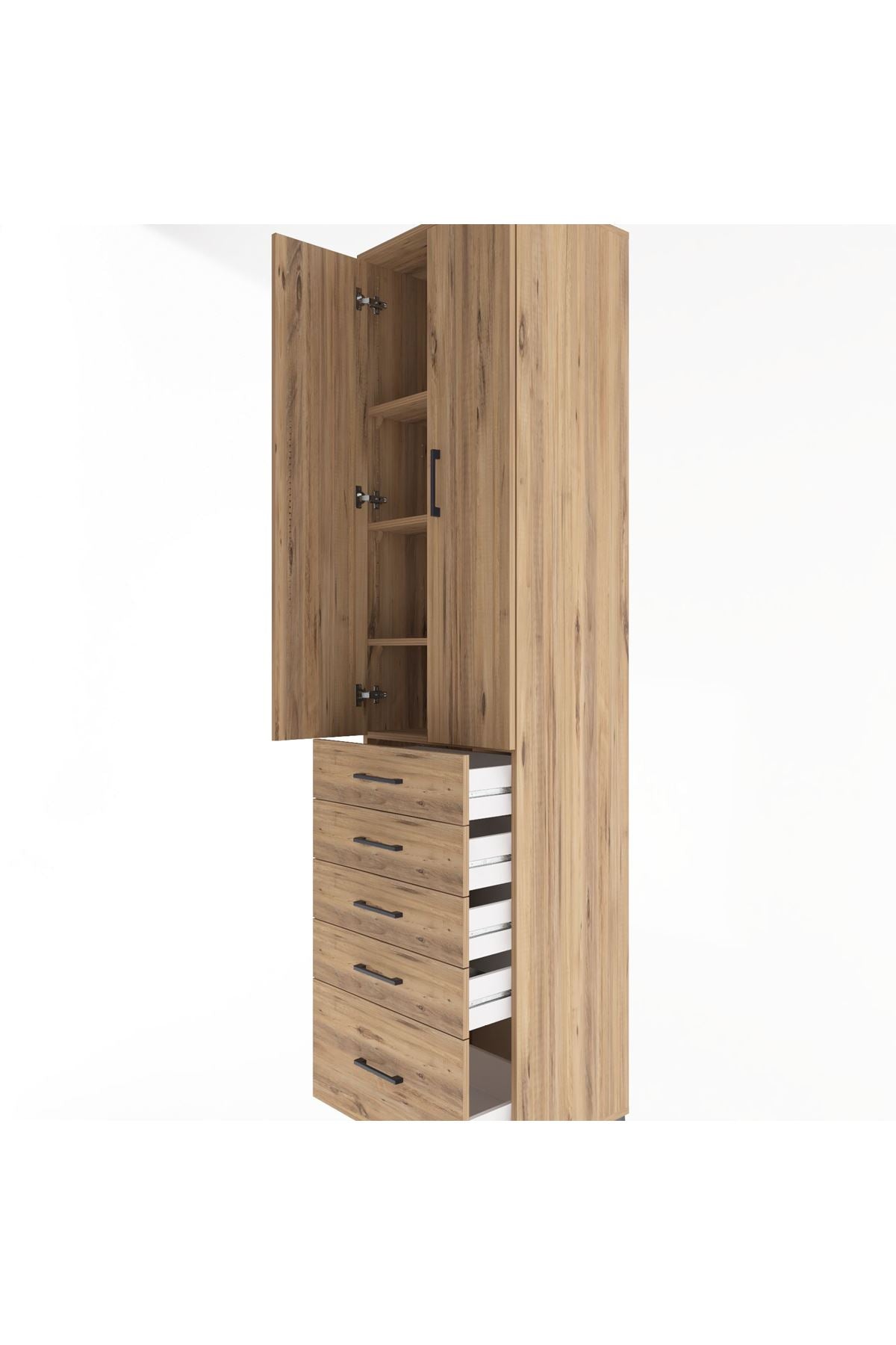 Hyperion Dolap 4 Raflı 5 Çekmeceli 2 Kapaklı 60x44x243 Çam-Çam