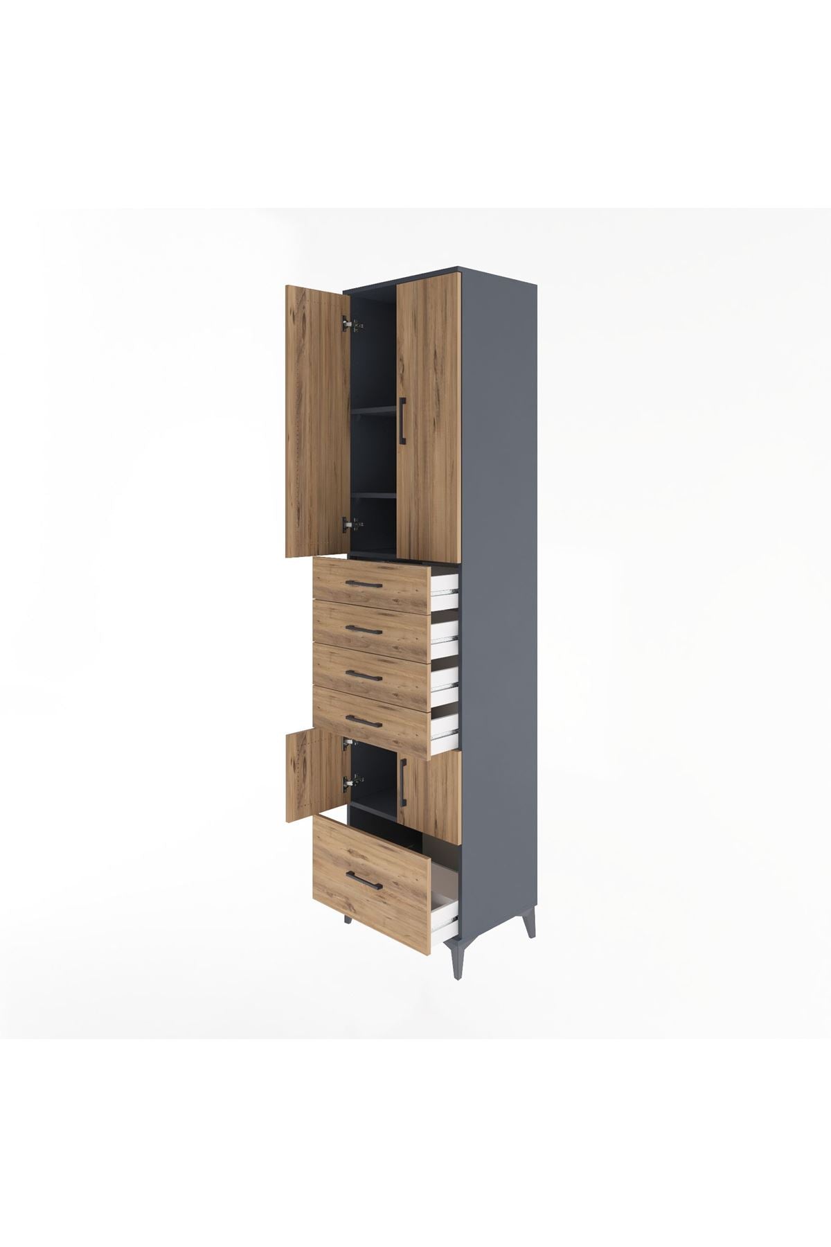 Hyperion Dolap 4 Raflı 5 Çekmeceli 4 Kapaklı 60x44x243 Antrasit-Çam