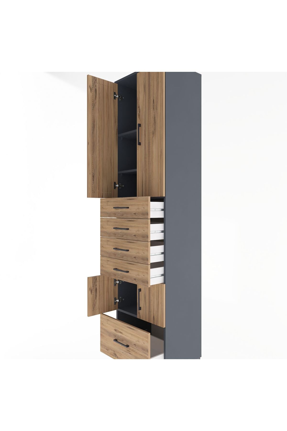 Hyperion Dolap 4 Raflı 5 Çekmeceli 4 Kapaklı 60x44x243 Antrasit-Çam