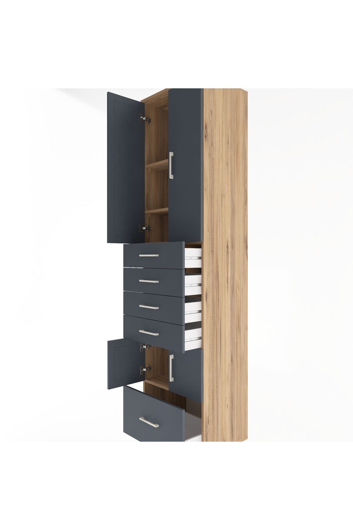 Hyperion Dolap 4 Raflı 5 Çekmeceli 4 Kapaklı 60x44x243 Çam-Antrasit