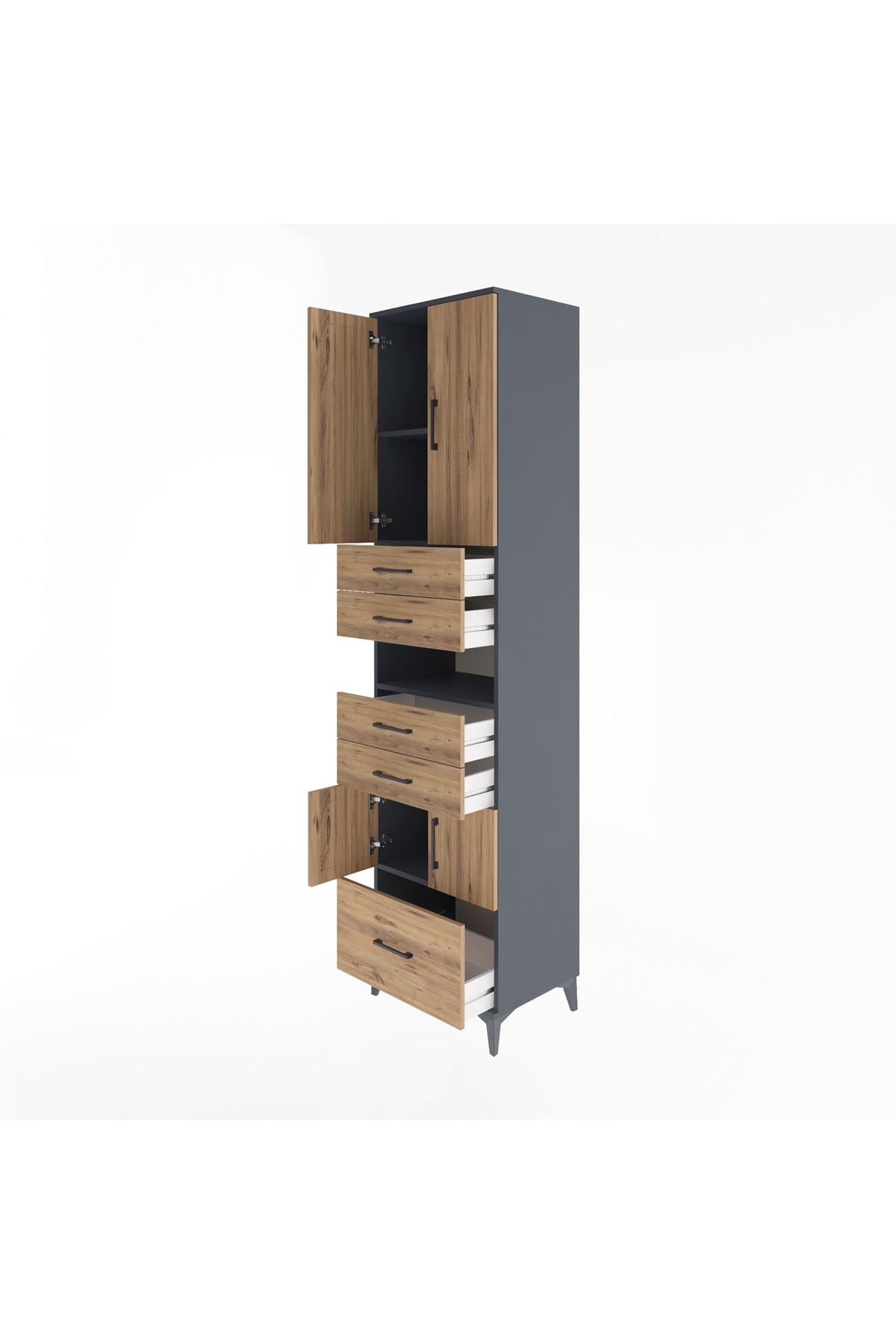 Hyperion Dolap 4 Raflı 5 Çekmeceli 4 Kapaklı 60x44x243 Antrasit-Çam