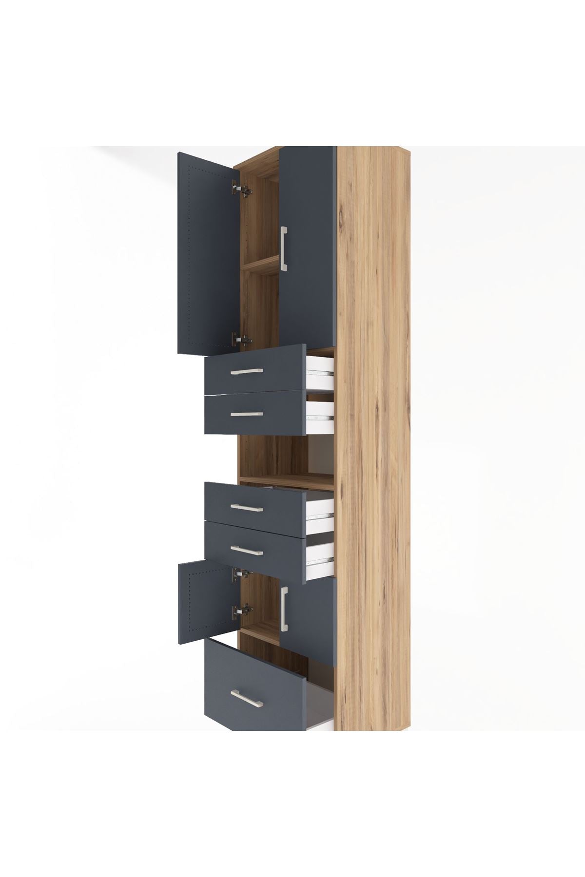 Hyperion Dolap 4 Raflı 5 Çekmeceli 4 Kapaklı 60x44x243 Çam-Antrasit