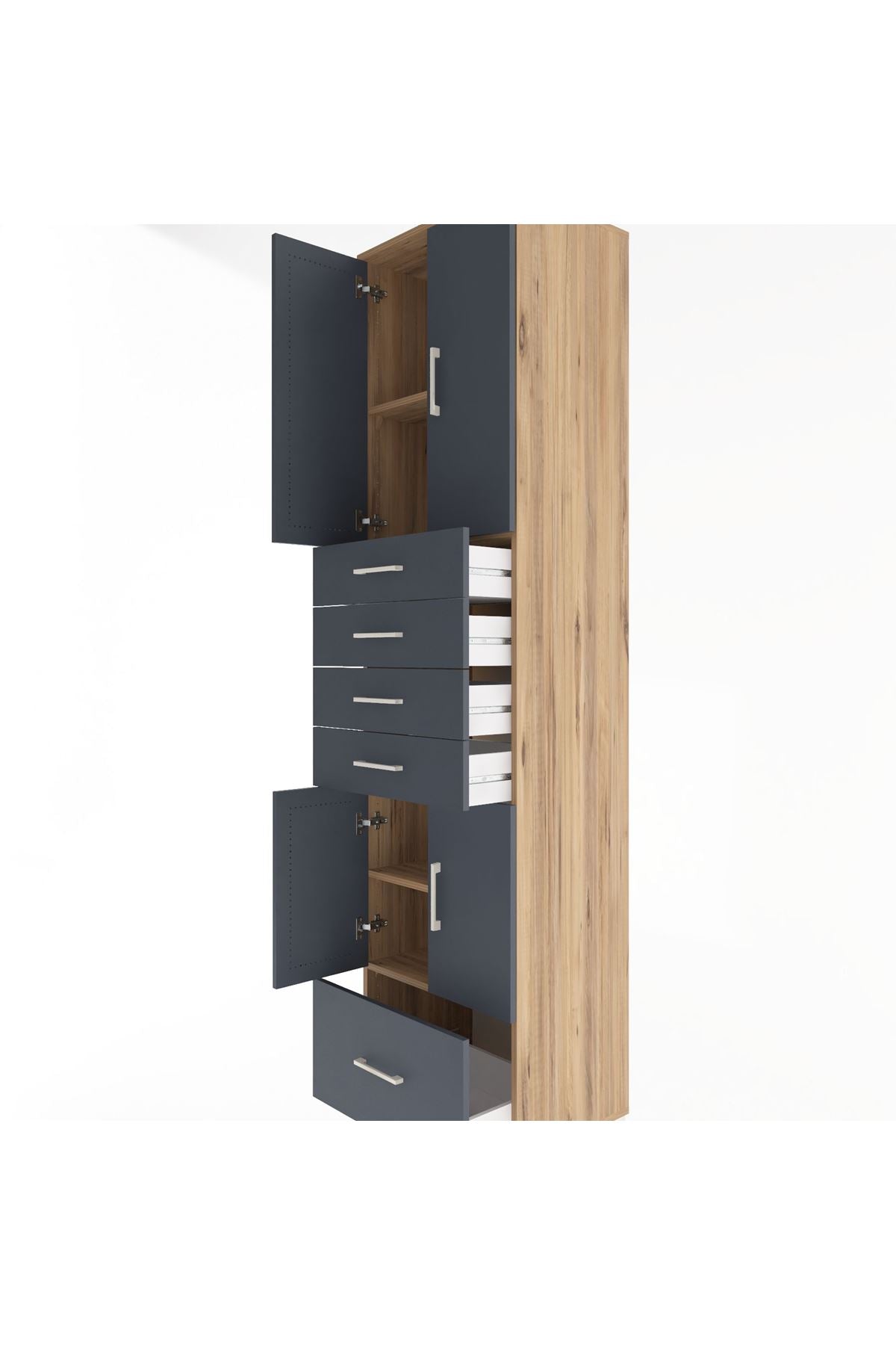 Hyperion Dolap 4 Raflı 5 Çekmeceli 4 Kapaklı 60x44x243 Çam-Antrasit