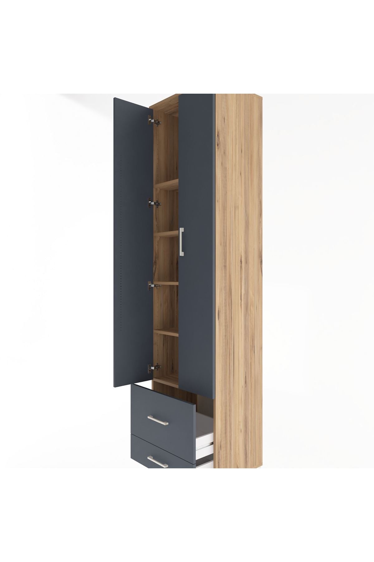 Hyperion Dolap 5 Raflı 2 Çekmeceli 2 Kapaklı 60x44x243 Çam-Antrasit