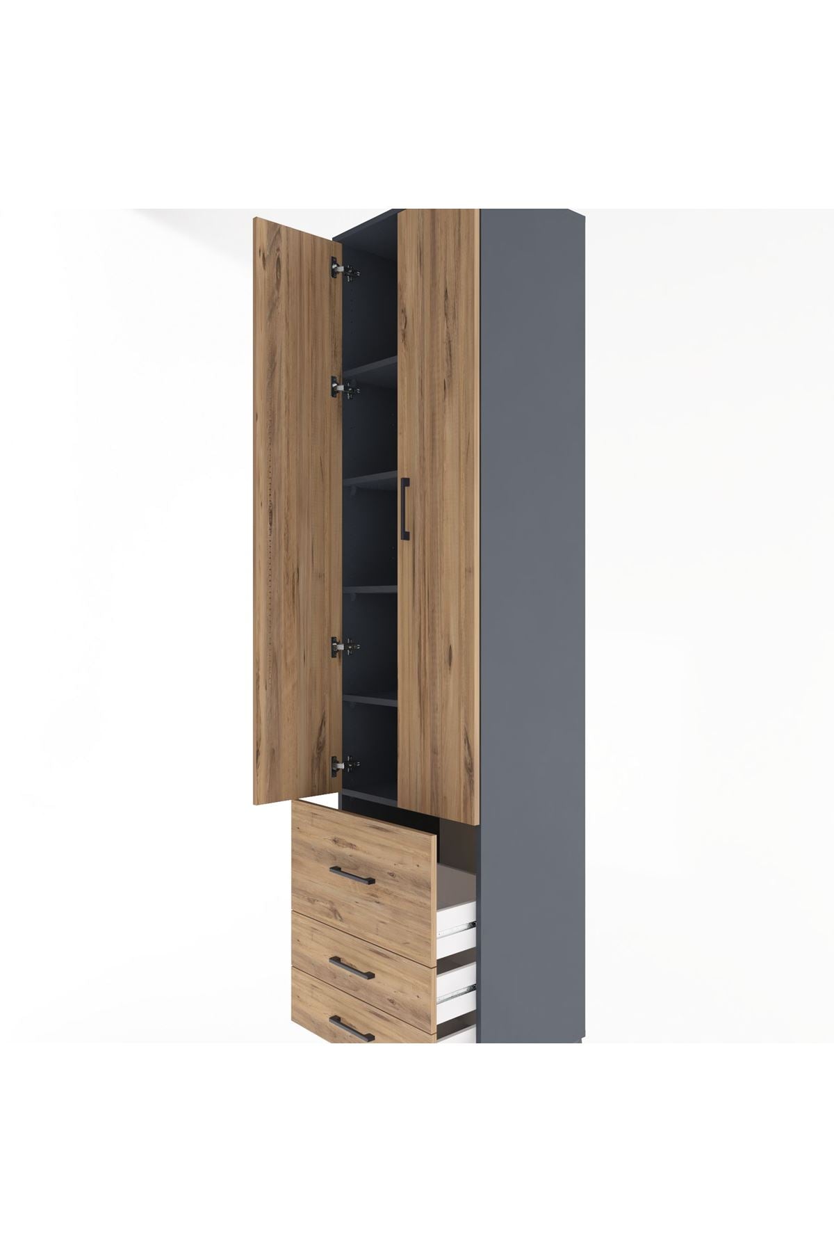 Hyperion Dolap 5 Raflı 3 Çekmeceli 2 Kapaklı 60x44x243 Antrasit-Çam
