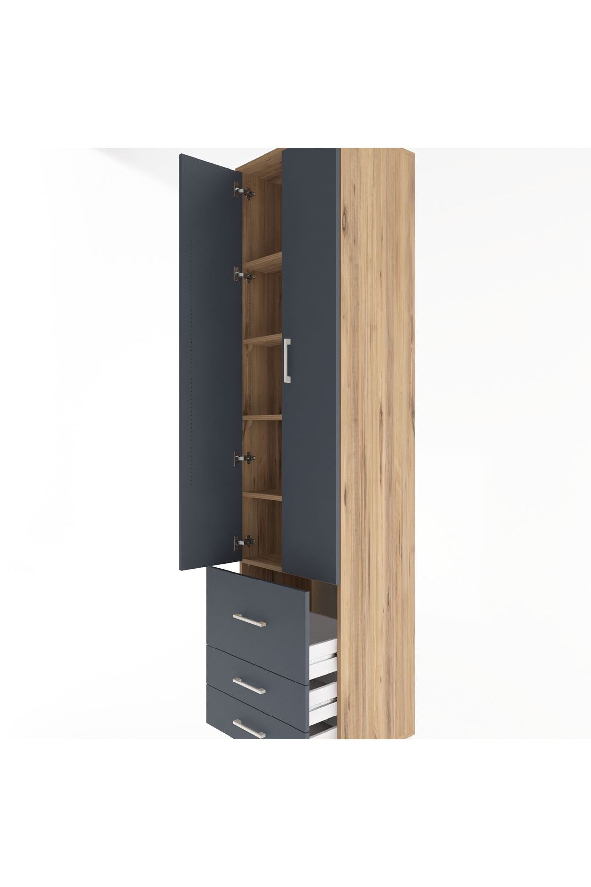 Hyperion Dolap 5 Raflı 3 Çekmeceli 2 Kapaklı 60x44x243 Çam-Antrasit