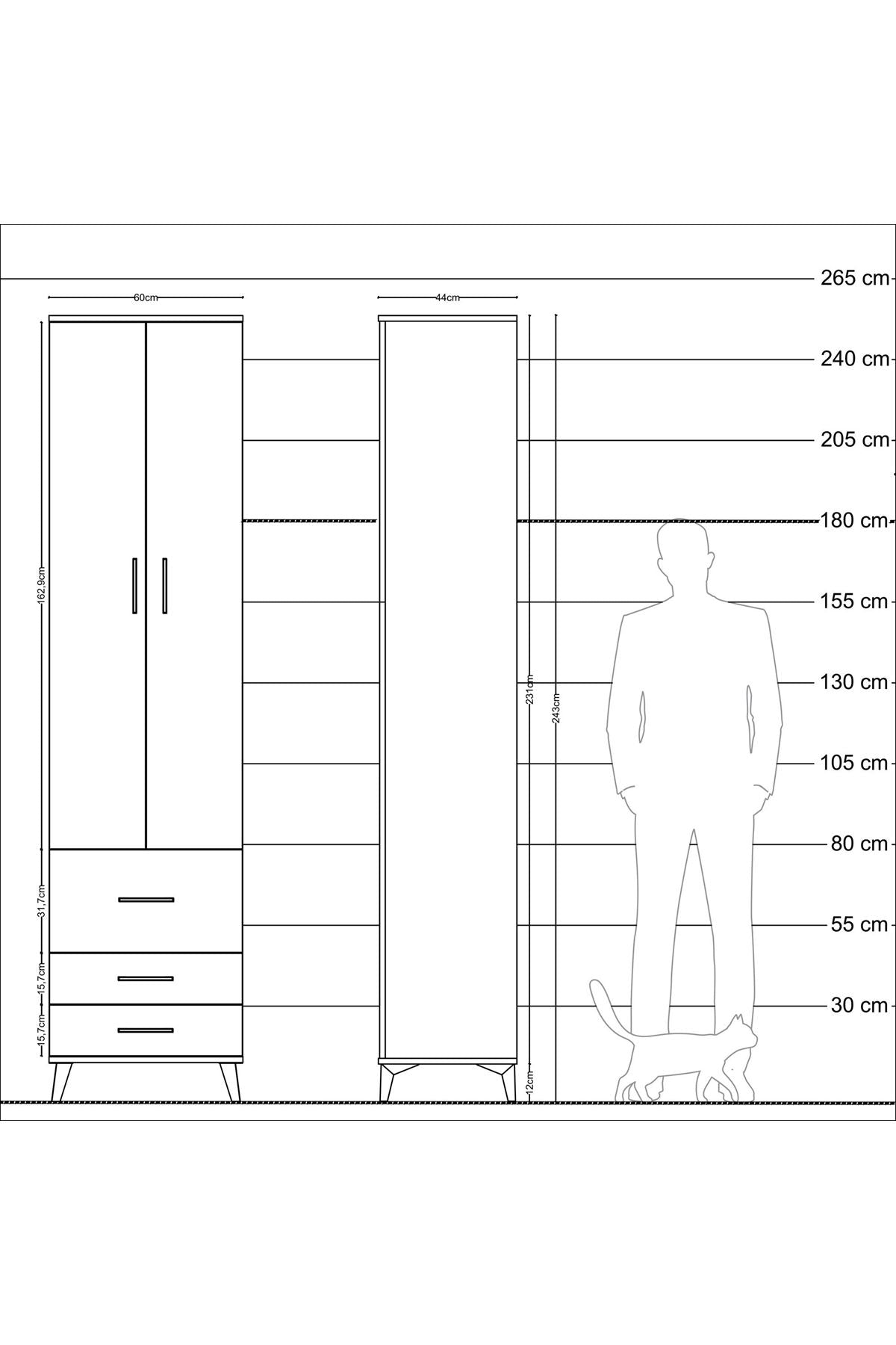Hyperion Dolap 5 Raflı 3 Çekmeceli 2 Kapaklı 60x44x243 Çam-Çam